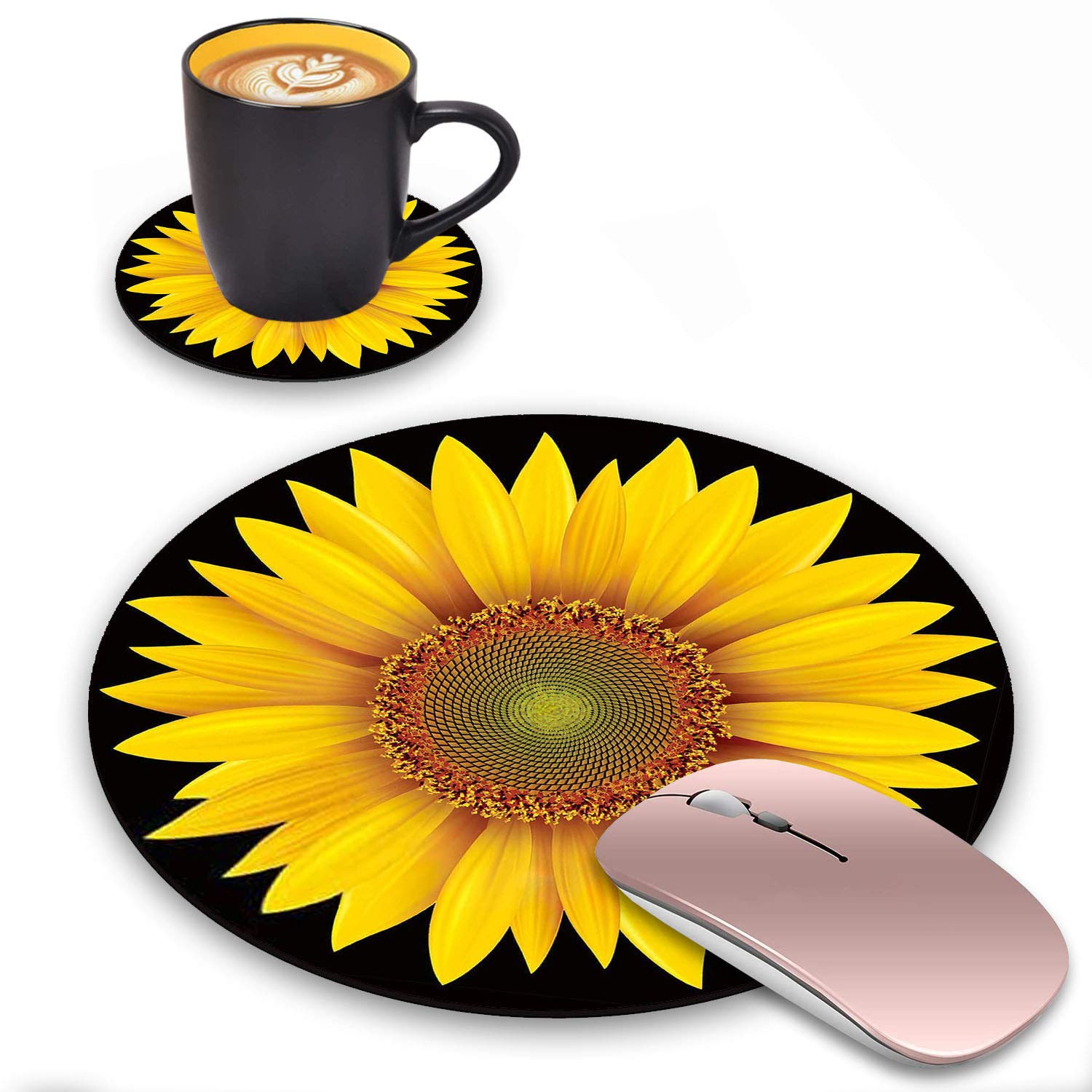 LACOMA Round Mouse Pad and Coasters Set - Sunflower Design Non-Slip Rubber Base for Laptop & Computer - Cute Desk Accessories for Office, Gaming & Home Workspace