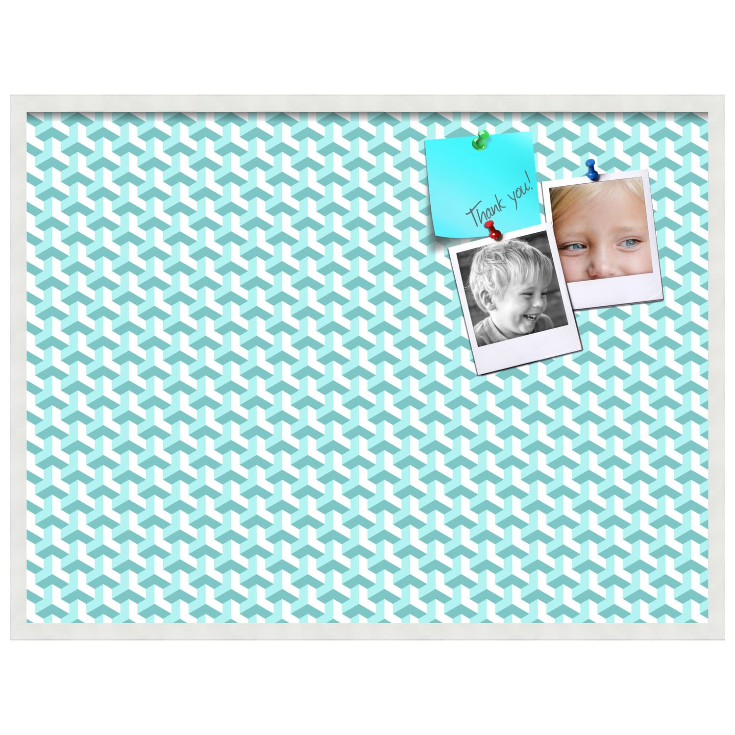 PinPix 40x30 Inch Cork Bulletin Board with BAUS Aqua Design & Satin White Frame - Decorative Wall Pin Board for Home Office Decor, School Classroom, Dorm Room Organization & Message Display (PinPix-1626)