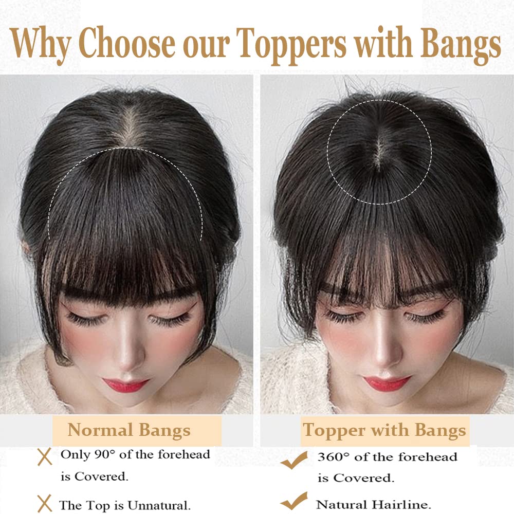 Premium Remy Human Hair Toppers for Women with Bangs - Natural Hair Extensions & Thinning Hair Solutions - Perfect for Daily Wear, Special Occasions & Hair Loss Confidence Boost