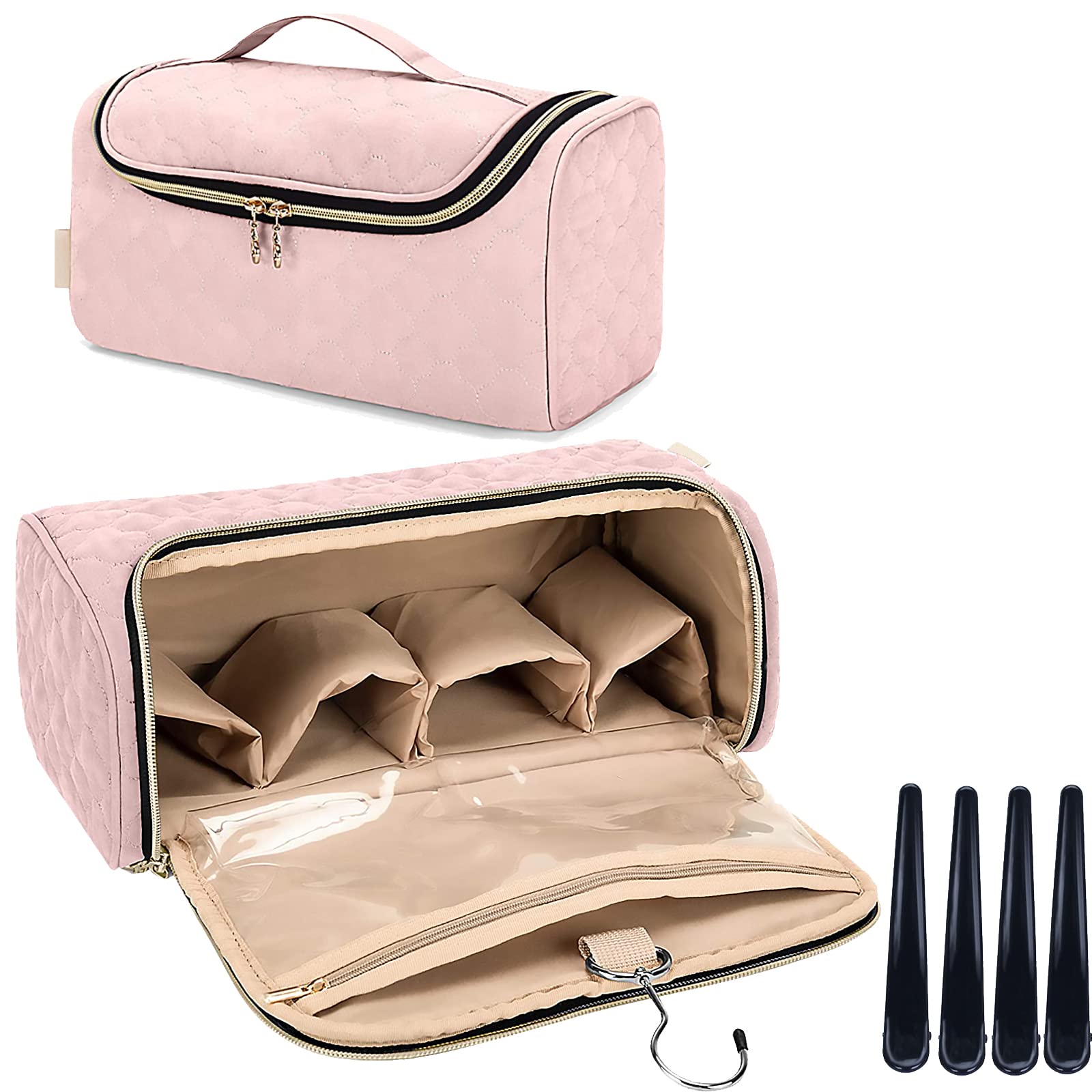 Dyson Airwrap Travel Storage Bag - Compatible with Airwrap Hair Styler & All Attachments, Pink Organizer Case with Hanging Hook & 4 Clips | Perfect for Travel, Home Storage & Salon Use