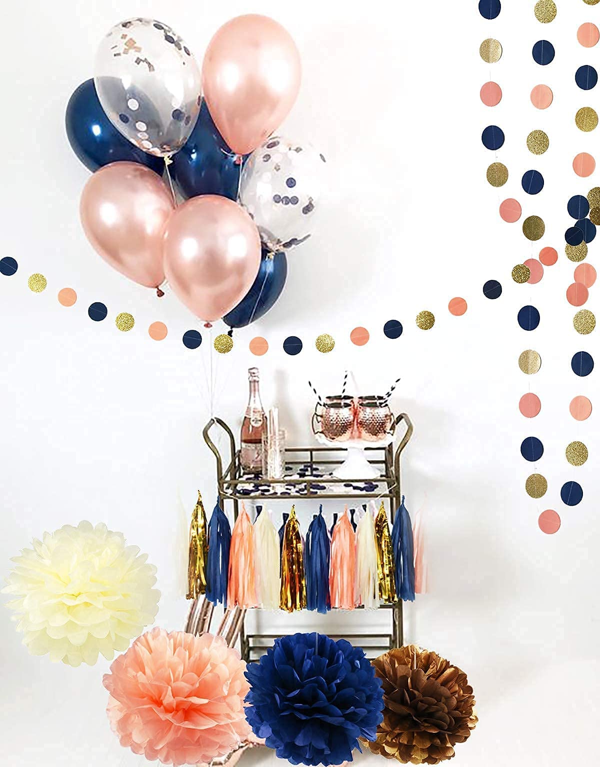 Navy Rose Gold Birthday Party Decorations for Women - Gender Reveal, Bridal Shower & Bachelorette Party Supplies - Elegant Navy Peach Wedding Balloons & Decors by Qian's Party - Perfect for Baby Showers, Anniversary Celebrations and Special Events