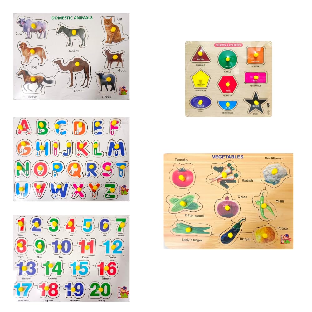 5-Piece Wooden Learning Puzzle Set for Kids & Adults - Number 1-20, ABCs, Shapes, Vegetables, Animals - Educational Montessori Toys for Toddlers 3+ Years - Perfect for Homeschooling & Early Childhood Development