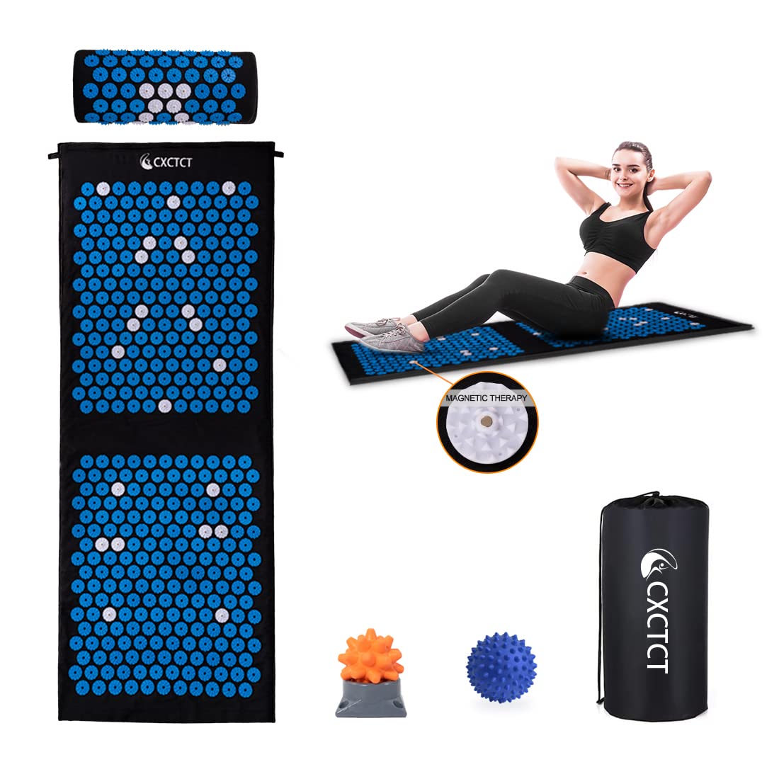 Extra Long Yoga Acupressure Mat Set - Large Magnetic Massage Mat with Neck Pillow for Back Pain Relief & Relaxation | Perfect for Home Yoga, Meditation, and Stress Relief (Blue)
