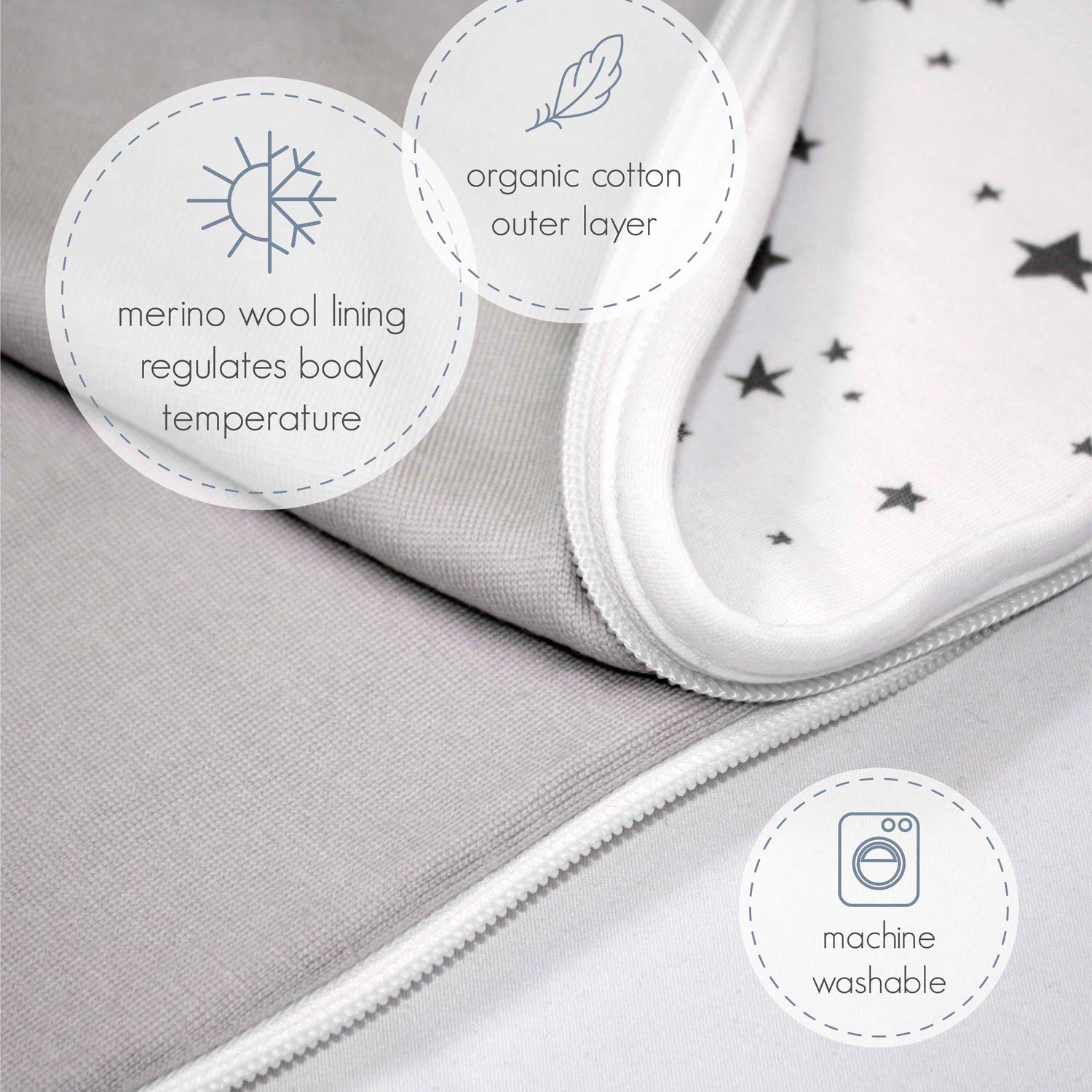 Woolino Merino Wool & Organic Cotton Baby Sleep Sack - 4 Season Adjustable Sleeping Bag with Two-Way Zipper for Infants 2-24 Months (Star Gray) | Perfect for Nursery, Daycare & Travel