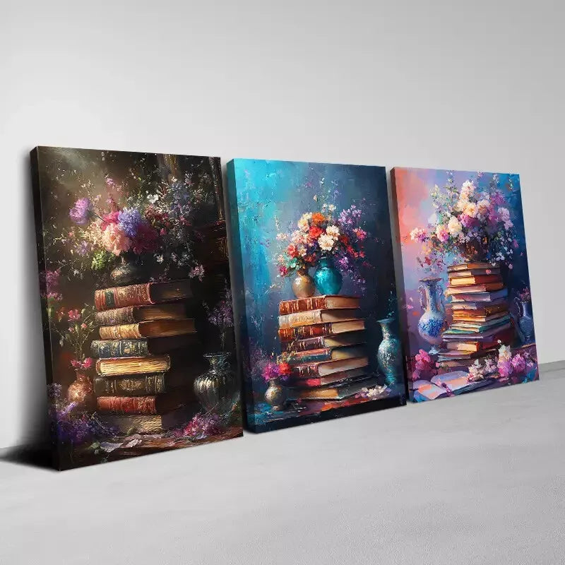3-Piece Vintage Floral & Old Books Wall Art Set - 50x70cm Framed Canvas Prints | High Quality Australian Made | Ready to Hang | Perfect for Living Room, Bedroom & Office Decor