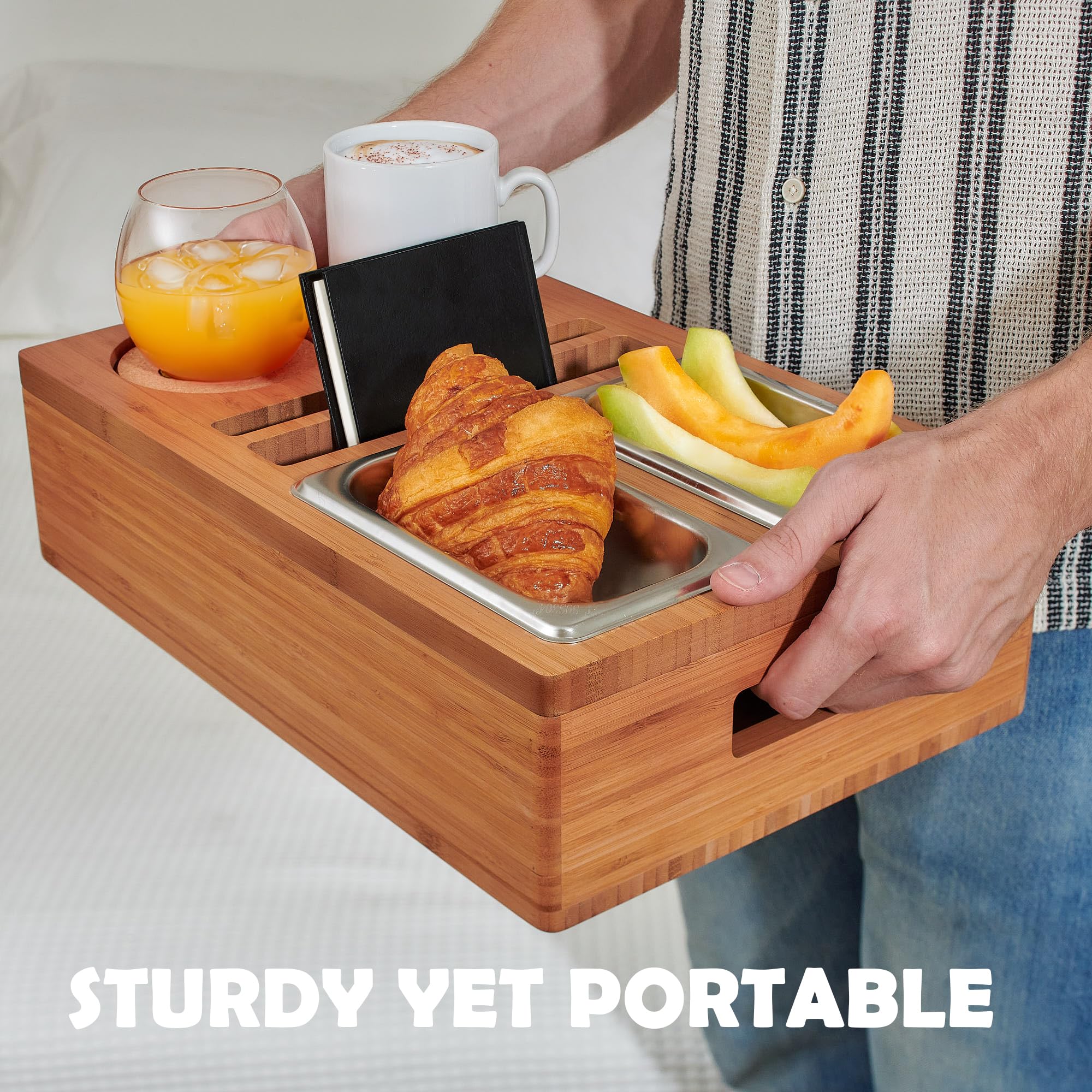 Minimalist Scandinavian Bamboo Couch Cup Holder Tray - Sofa & Bed Drink Snack Caddy - Perfect for Movie Nights, Gaming Sessions & Relaxing in Bed