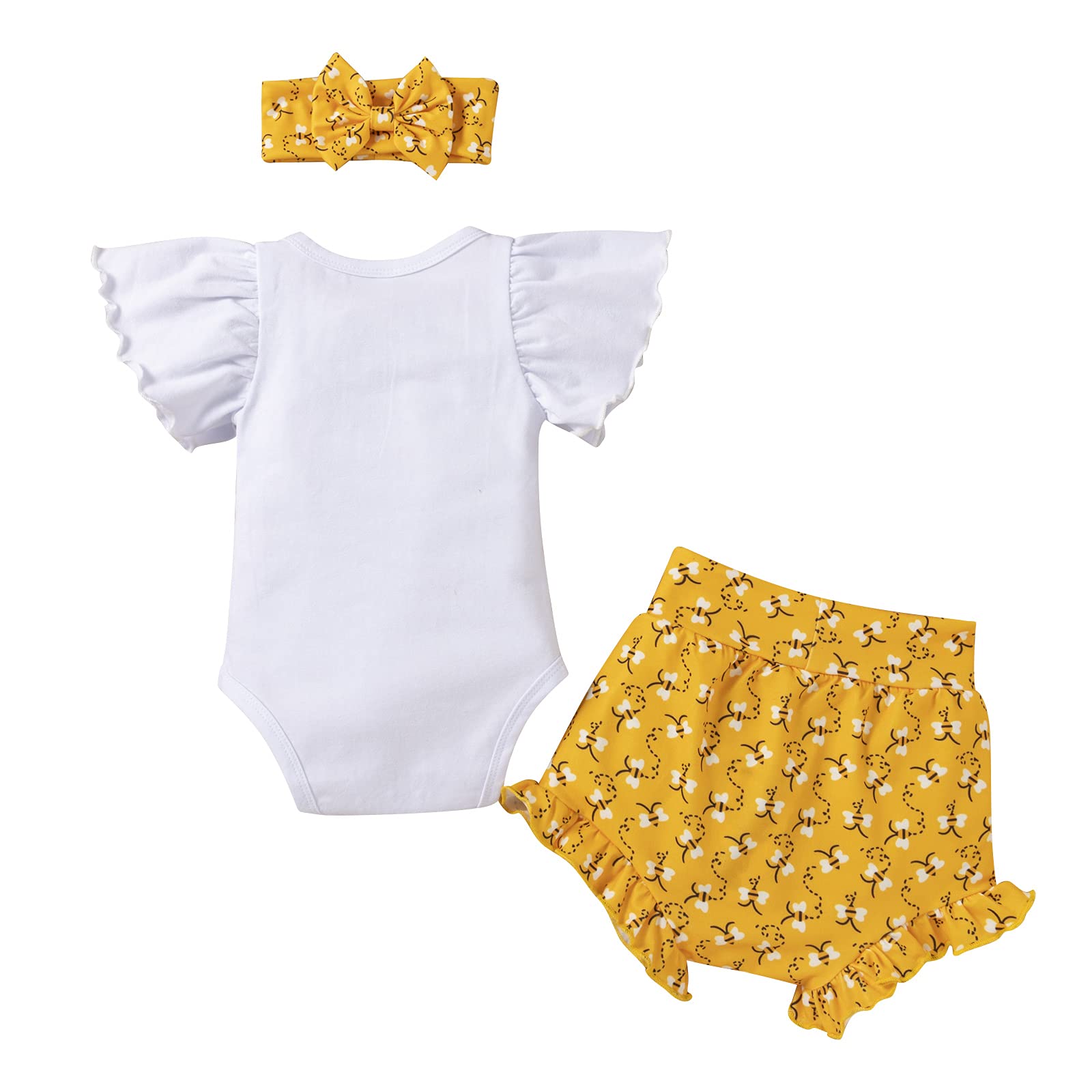 Adorable Baby Girls Summer Outfits Set - Ruffle Sleeve Fruit Floral Romper with Matching Shorts & Headband | Cute Toddler Clothes for Beach, Photo Shoots & Daily Wear