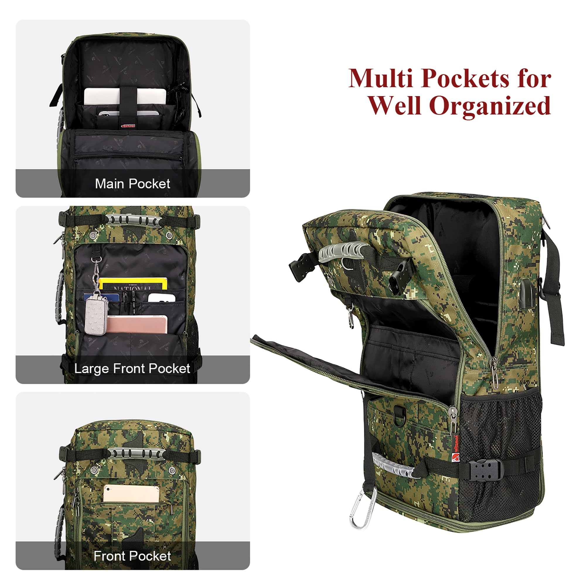 WITZMAN Digital Camo Backpack for Men - Convertible Travel Backpack & Duffle Bag with 17 Inch Laptop Compartment - Carry On Luggage for Business Trips, Hiking & Outdoor Adventures (B681 Camo Green)