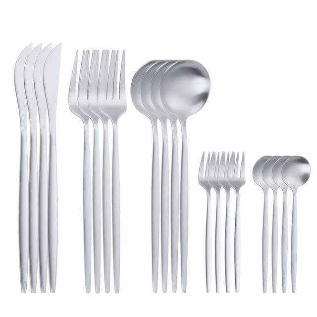 Premium Stainless Steel Silverware Set 20-Piece - Matte White Gold Cutlery Set for Dining, Kitchen & Entertaining - Forks, Spoons & Knives - Elegant Dinnerware Set (Silver) - Perfect for Home, Restaurant & Wedding Use