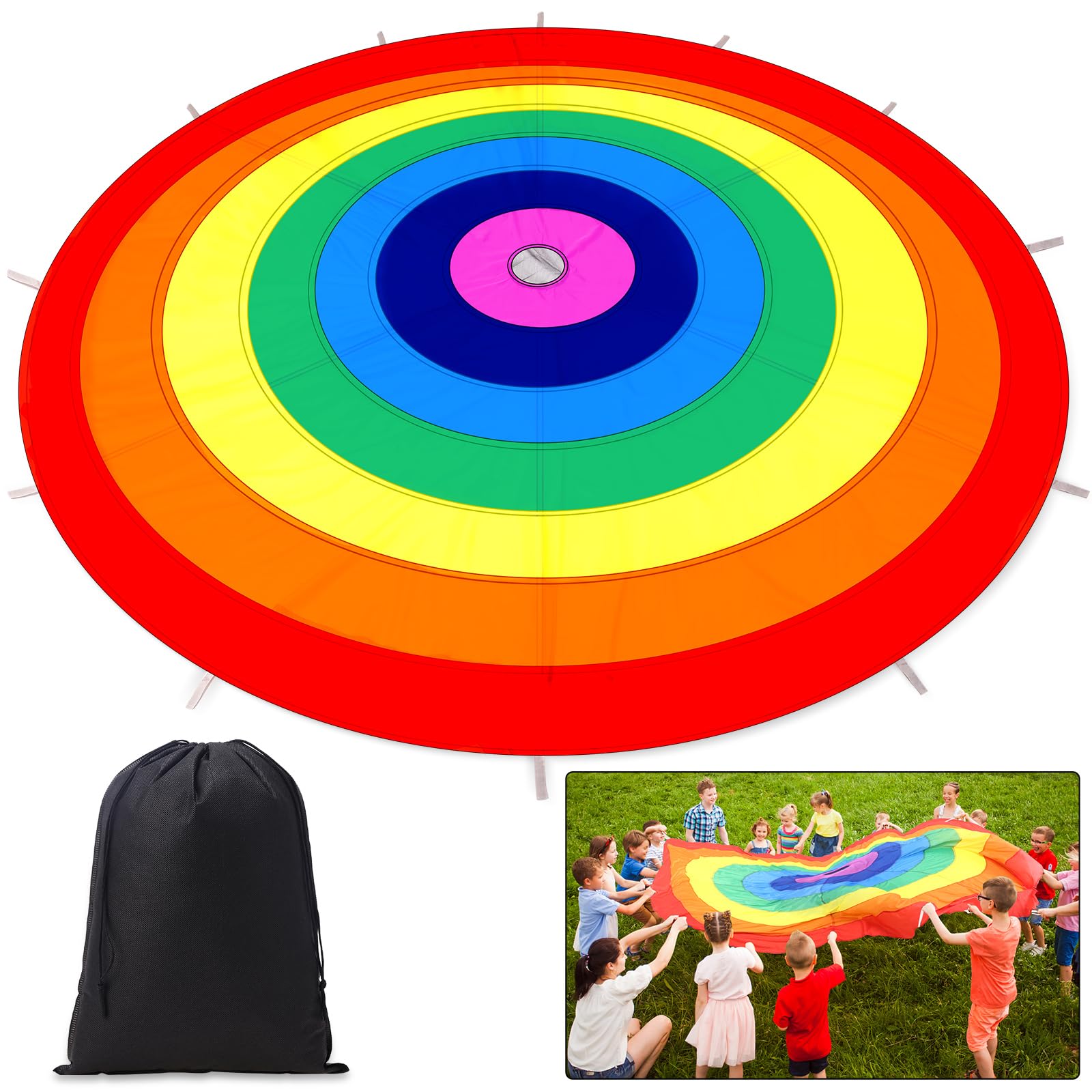 12 Ft Rainbow Parachute Toy with Handles - Durable Outdoor Play Parachute for Speed Training, Team Games & Playground Activities - Includes Storage Bag - Perfect for Gym Class, Kids' Parties & Cooperative Group Games