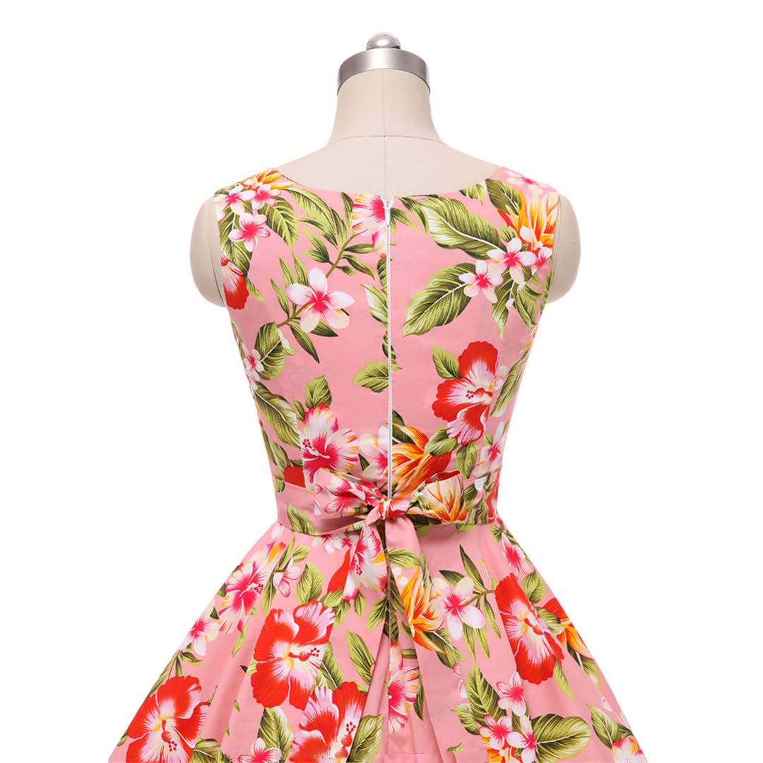 Floral Print Sleeveless Women's Summer Tunic Dress - Vintage Rockabilly Style Cotton Dress for Casual Outings, Beach Vacations & Retro Parties
