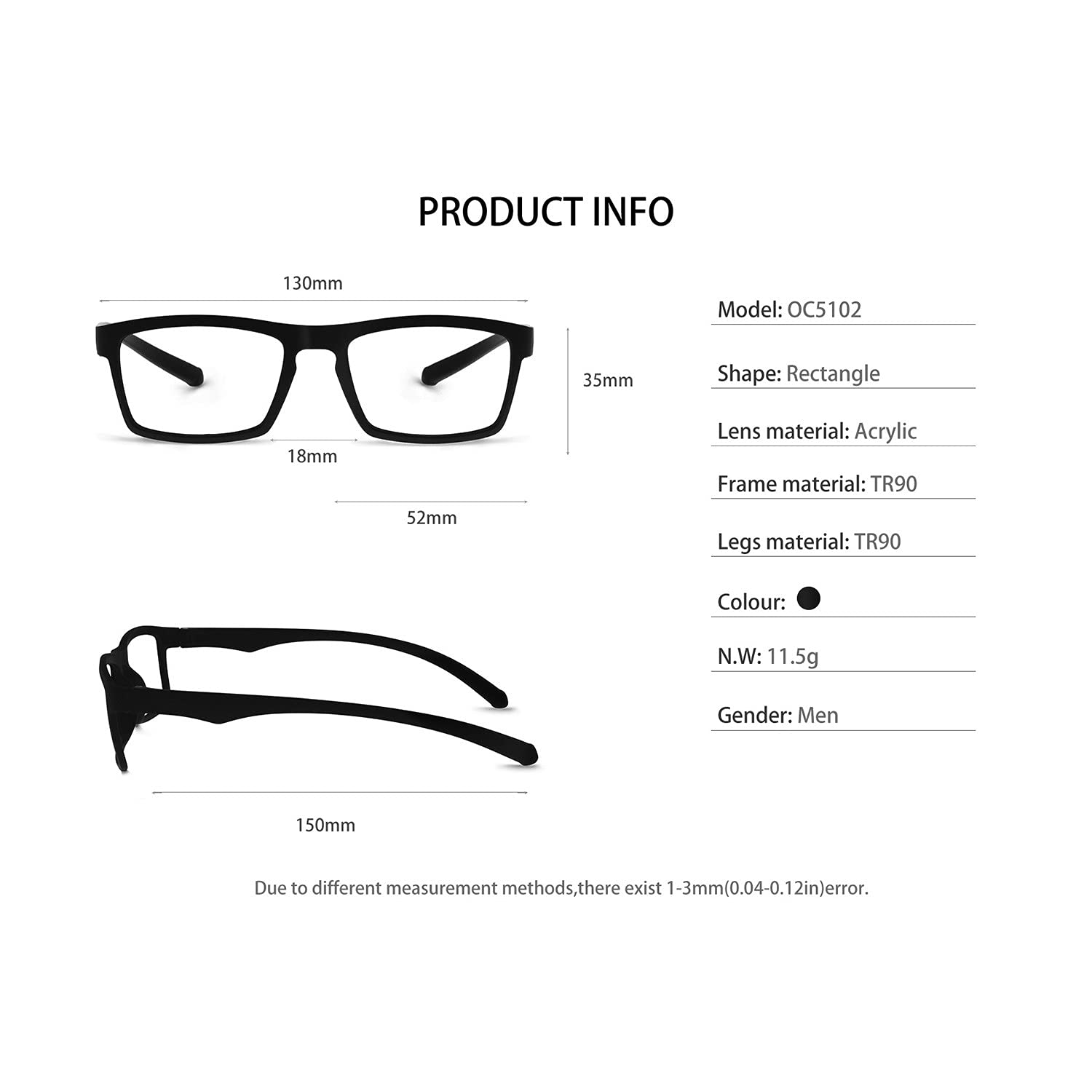 OCCI CHIARI TR90 Black Glasses for Women & Men - Clear Lens for Daily Use