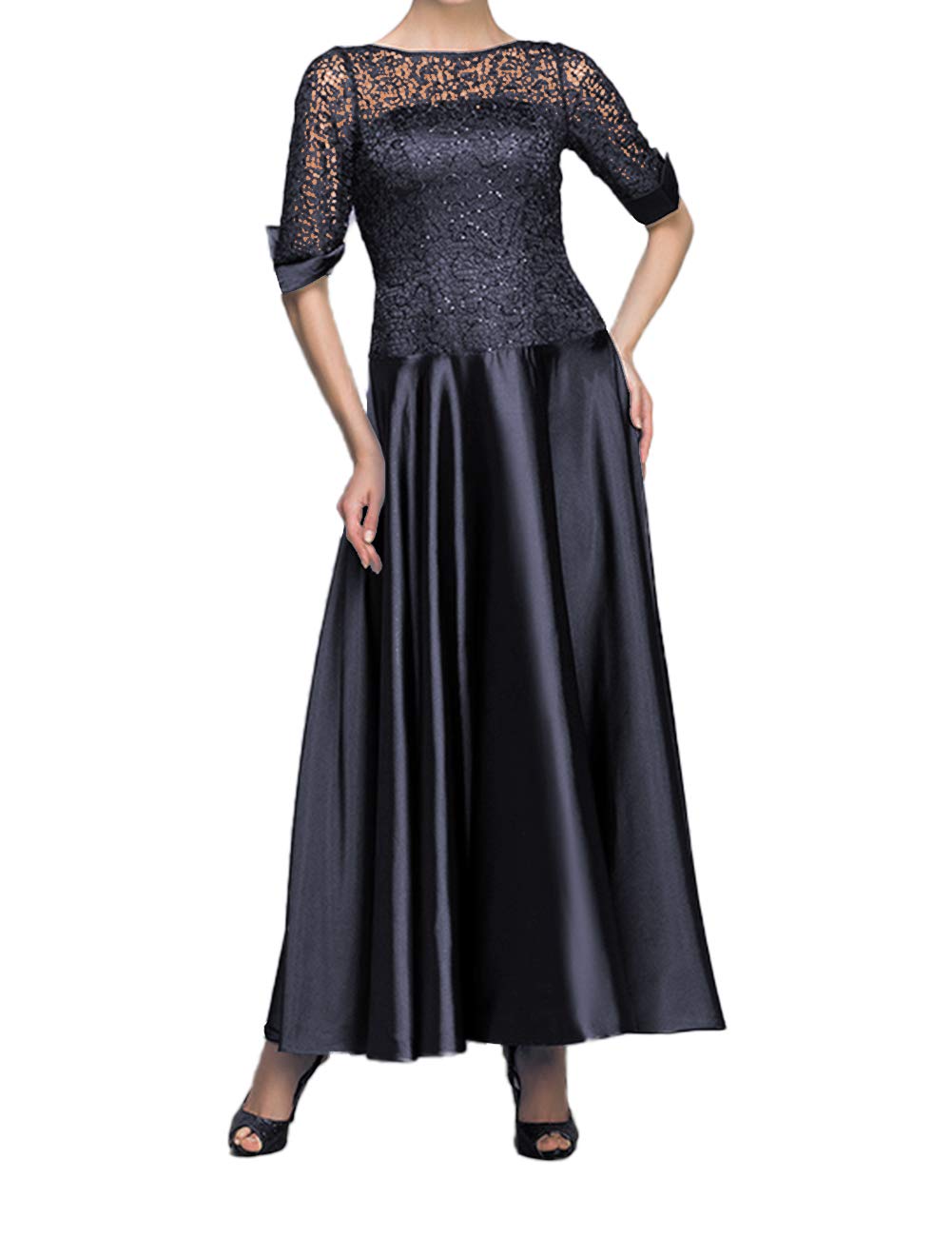 Elegant Tea-Length Mother of the Bride Dress - Long Sleeve Satin Formal Evening Gown for Women | Perfect for Weddings, Receptions & Special Occasions