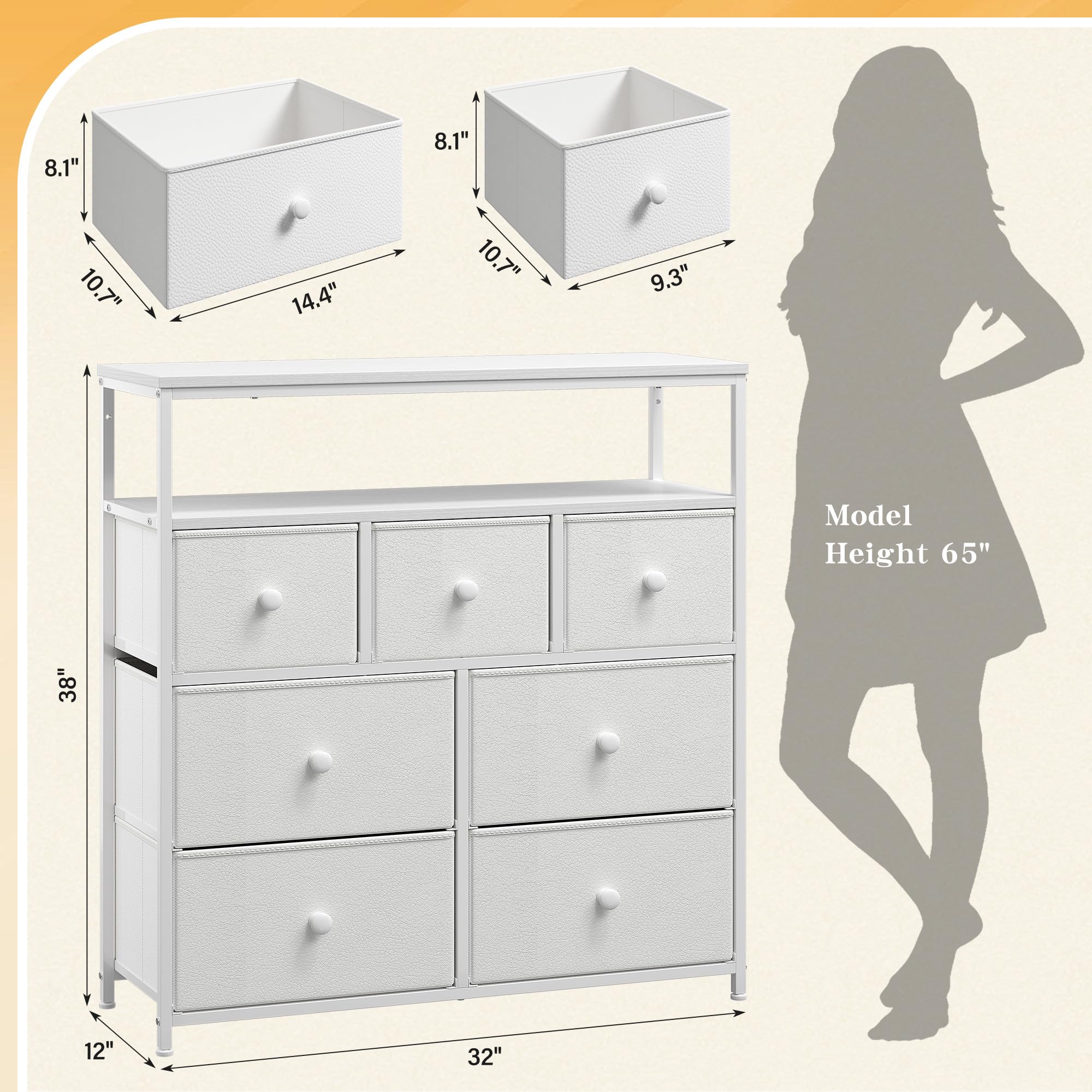 7-Drawer White Dresser with 2 Shelves & Wooden Top - Tall Bedroom Storage Cabinet, TV Stand & Closet Organizer - Sturdy Metal Frame Chest of Drawers for Home, Office, or Dorm Room Organization