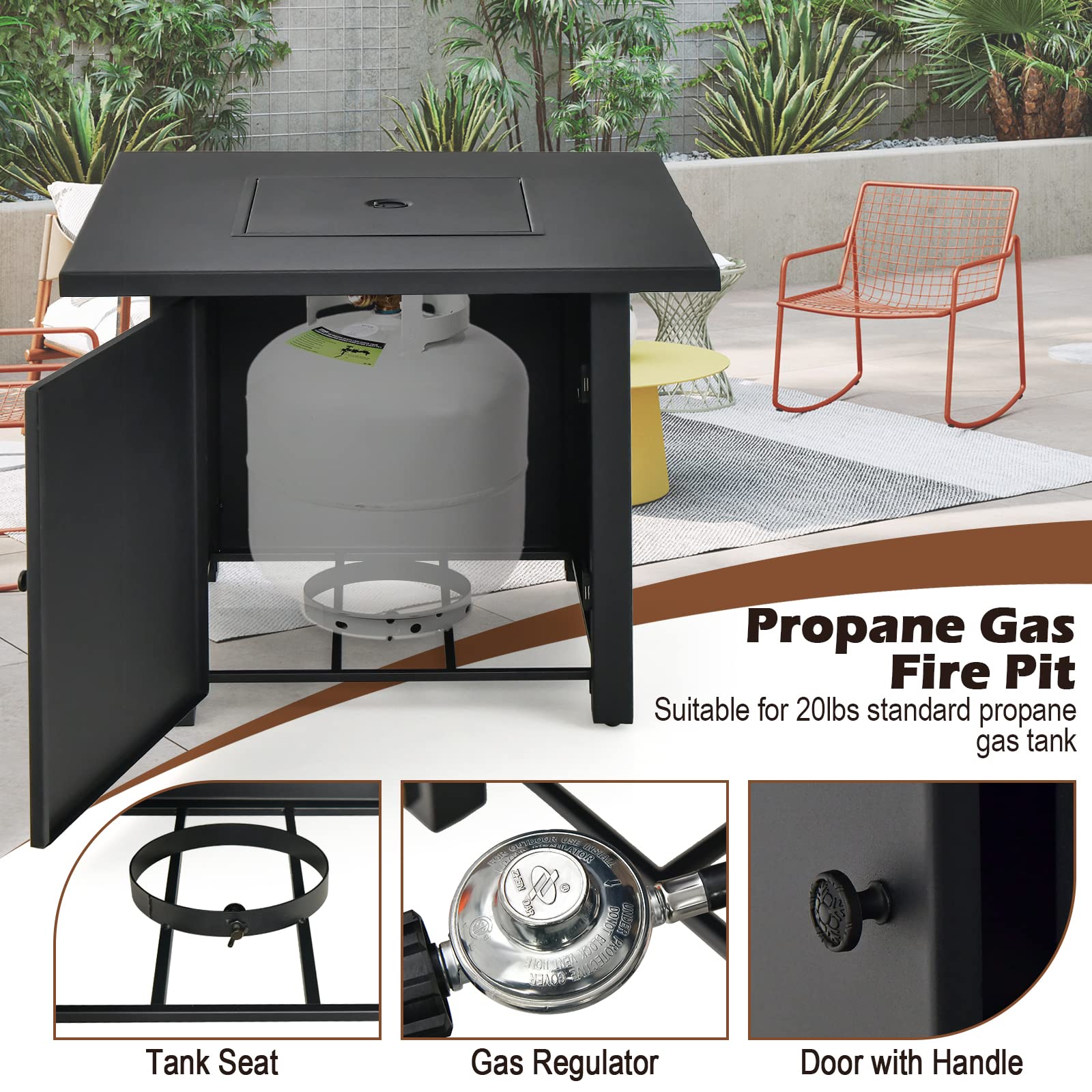 Tangkula 32 Inch Outdoor Propane Fire Pit Table - 50,000 BTU Square Patio Heater with Clear Glass Rocks & PVC Cover, Easy Ignition System - Perfect for Backyard, Poolside, Deck, and Garden Gatherings