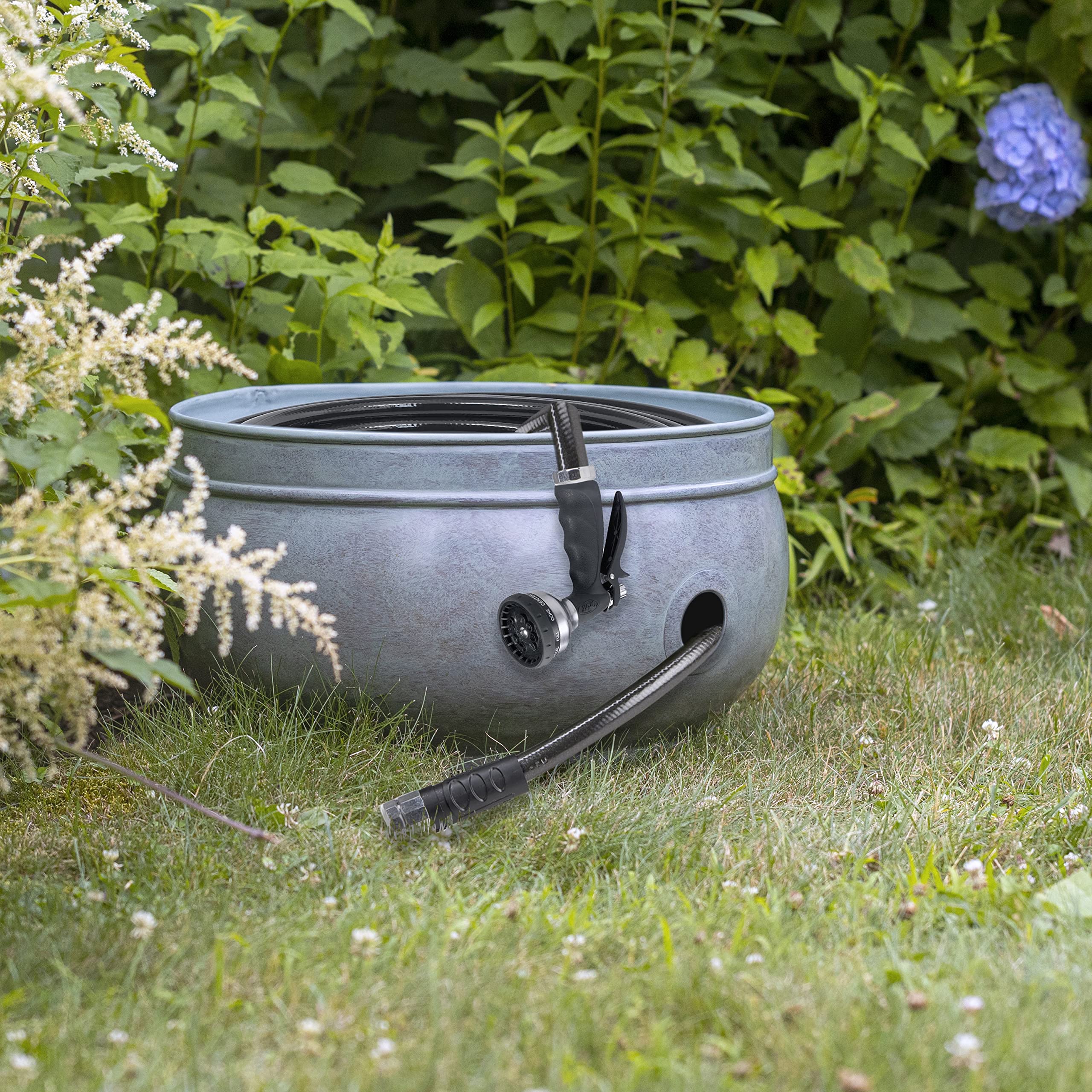 Good Directions Sonoma Hose Pot - Blue Verde Brass Outdoor Garden Decor for Watering Hoses & Yard Organization