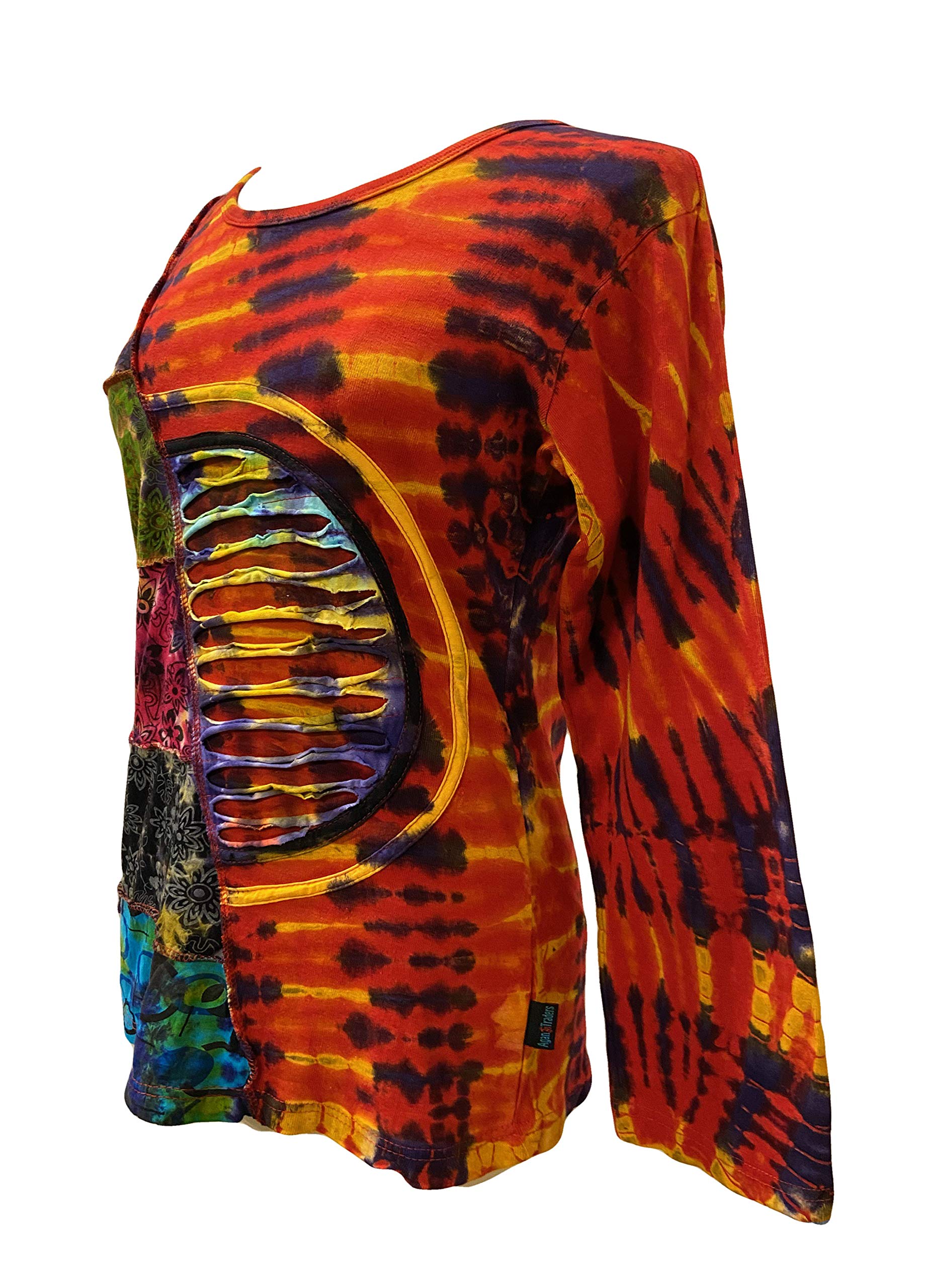 Agan Traders 2025 Spring Women's Bohemian Tie-Dye Knit Sweatshirt - Embroidered Long Sleeve Patchwork Razor Cut Blouse | Casual Wear, Festival Outfit, Street Style Fashion