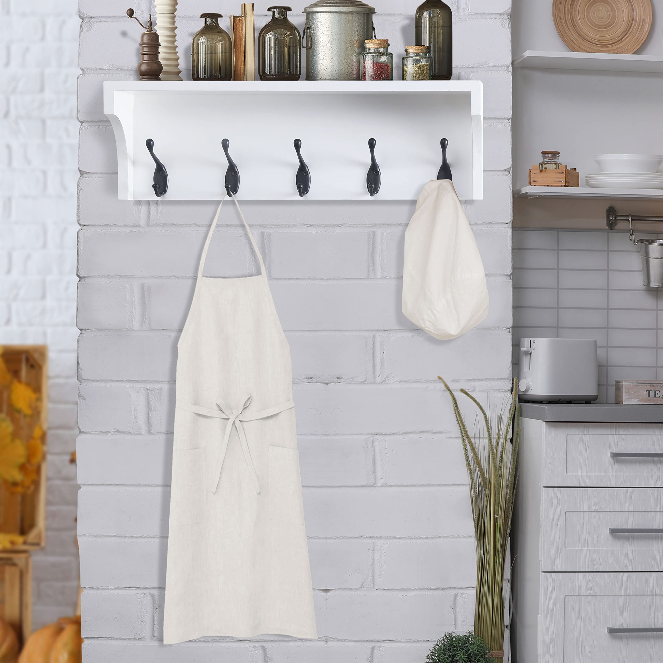 Dseap 17-inch Wall Shelf with 5 Dual Hooks - Heavy Duty Solid Pine Wood Coat Rack with Storage Shelf - Entryway Organizer for Mudroom, Kitchen, Bathroom, Bedroom - Perfect for Hanging Coats, Bags, Towels & Decor (White TEG02B)