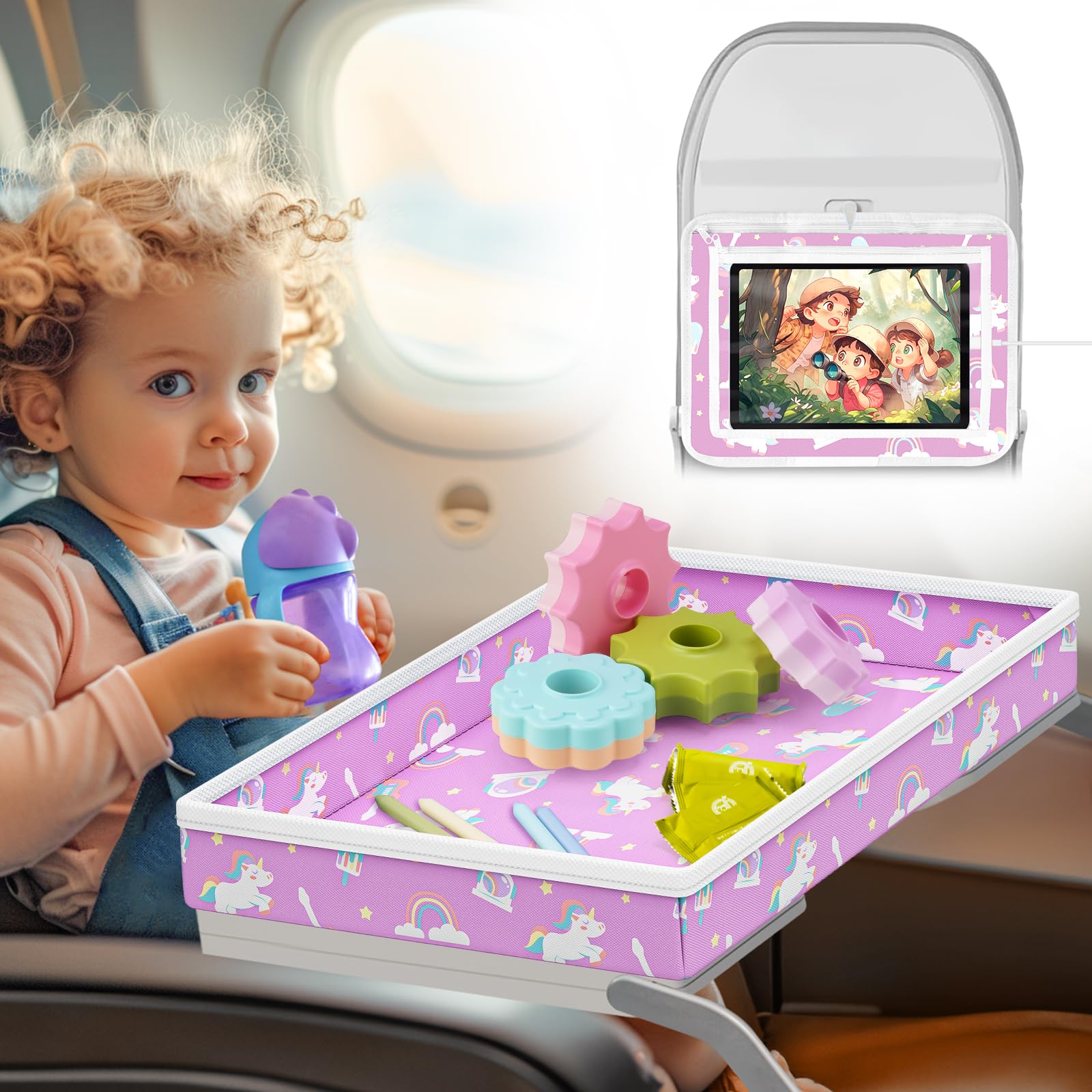 Foldable Travel Tray for Kids - Airplane Car Seat Organizer with Tablet Holder & Storage Pockets | Space-Saving Multifunctional Design Converts to Table Cover | Perfect for Road Trips, Flights & Home Use (Pink)