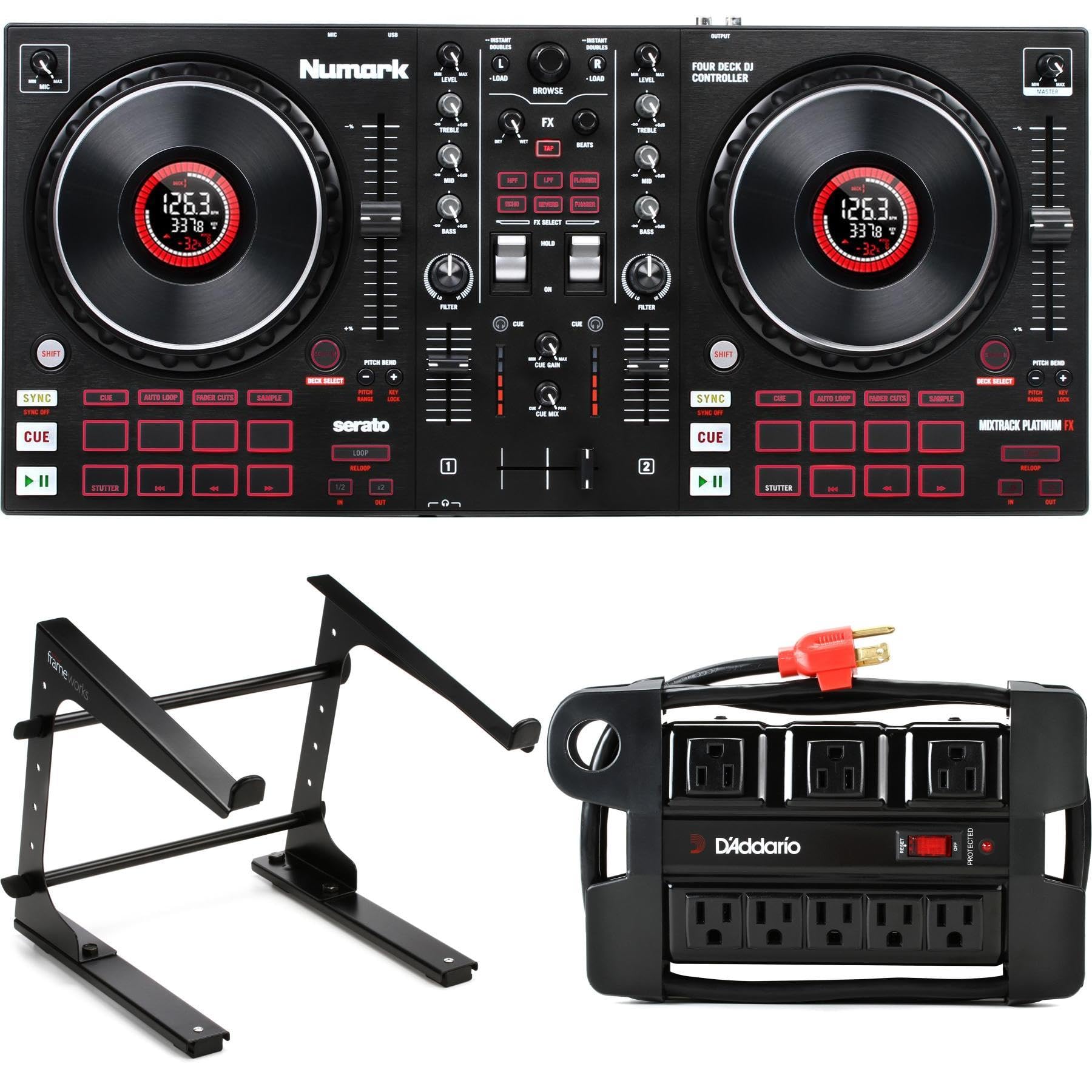 Numark MIXTRACK Platinum FX 4-Channel DJ Controller for Serato DJ Lite - Professional DJ Equipment with Laptop Stand & Power Supply - Perfect for Home Studios, Clubs, and Live Performances