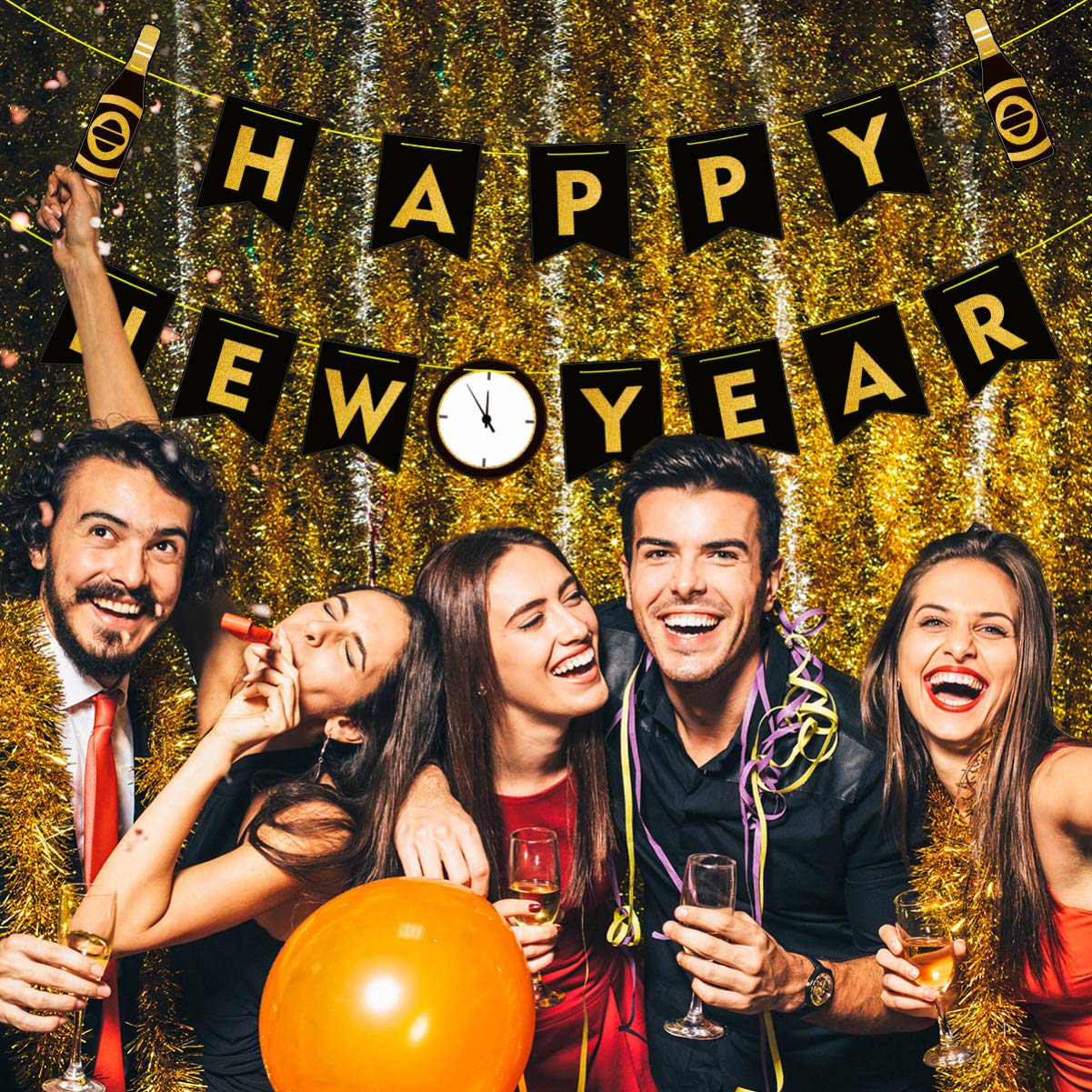 Amosfun Black and Gold New Year's Eve Party Banner Garland - Premium Holiday Decoration for Christmas & New Year Celebrations, Home Decor, Office Parties, and Festive Events
