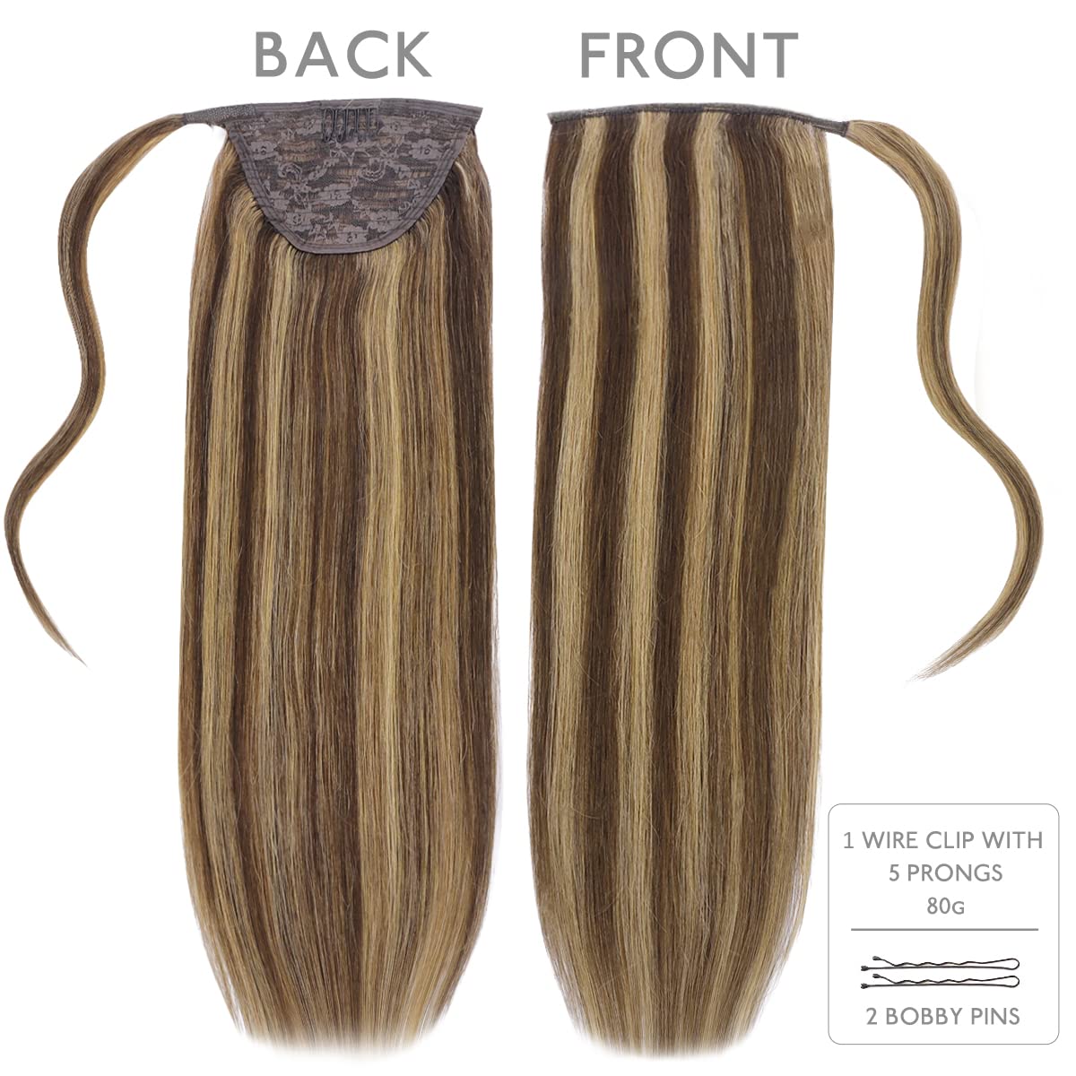 WENNALIFE 20 Inch Human Hair Ponytail Extension - 80g Balayage Chocolate Brown to Caramel Blonde Clip-in Wrap Around Remy Hairpiece for Women | Perfect for Parties, Weddings & Everyday Styling