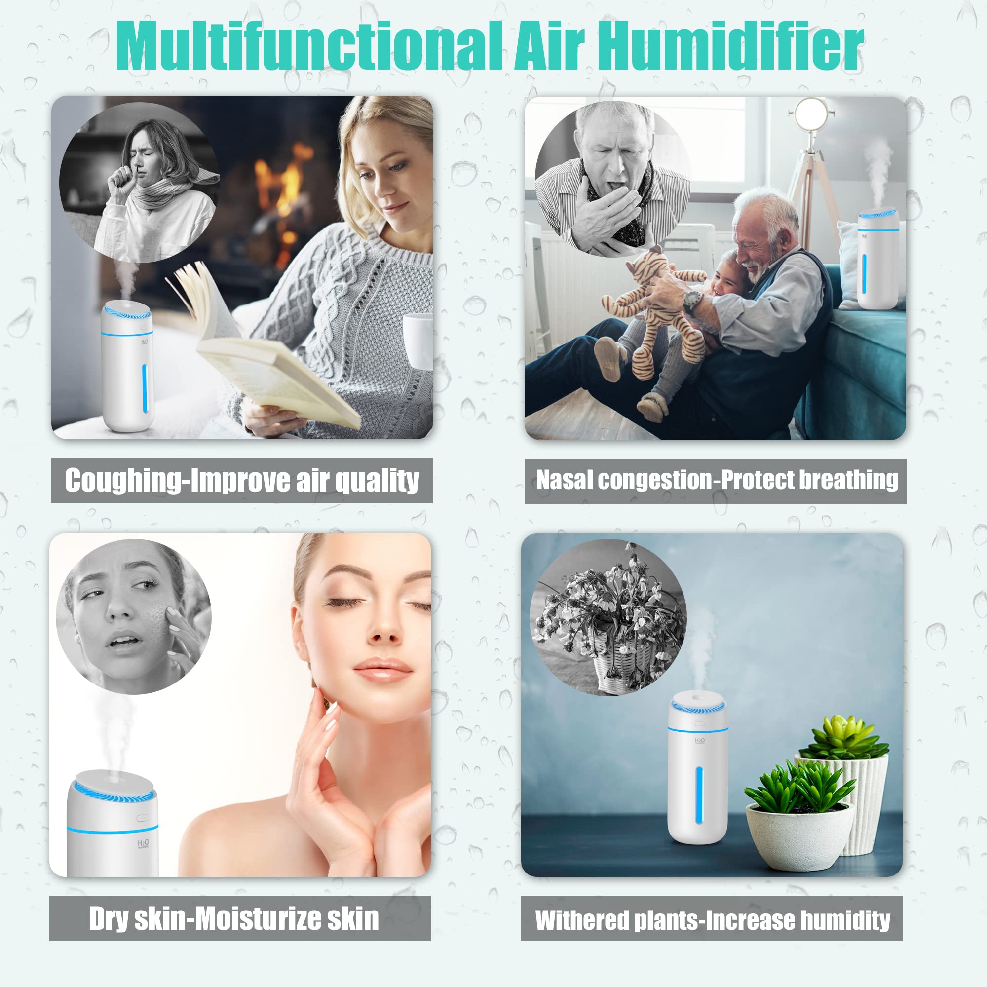 400ML USB Cool Mist Humidifier - Small Portable Personal Air Humidifier for Bedroom, Nightstand, Office Desk, Travel & Car | Quiet Operation with Auto Shut-off & LED Lights | Perfect for Dry Air Relief, Plant Care & Better Sleep
