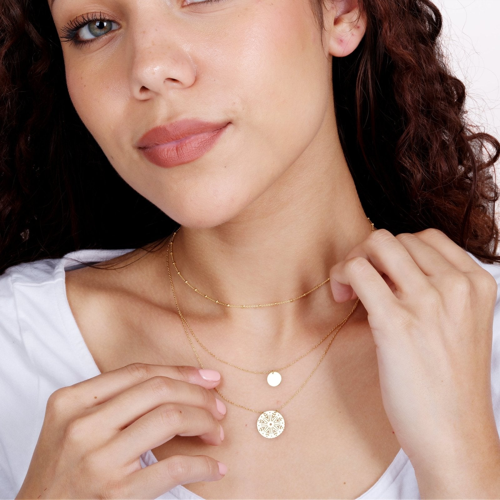 10K Yellow Gold Double Wrap Disc & Medallion Necklace for Women - Elegant Layered Pendant Necklace for Everyday Wear, Date Night & Special Occasions