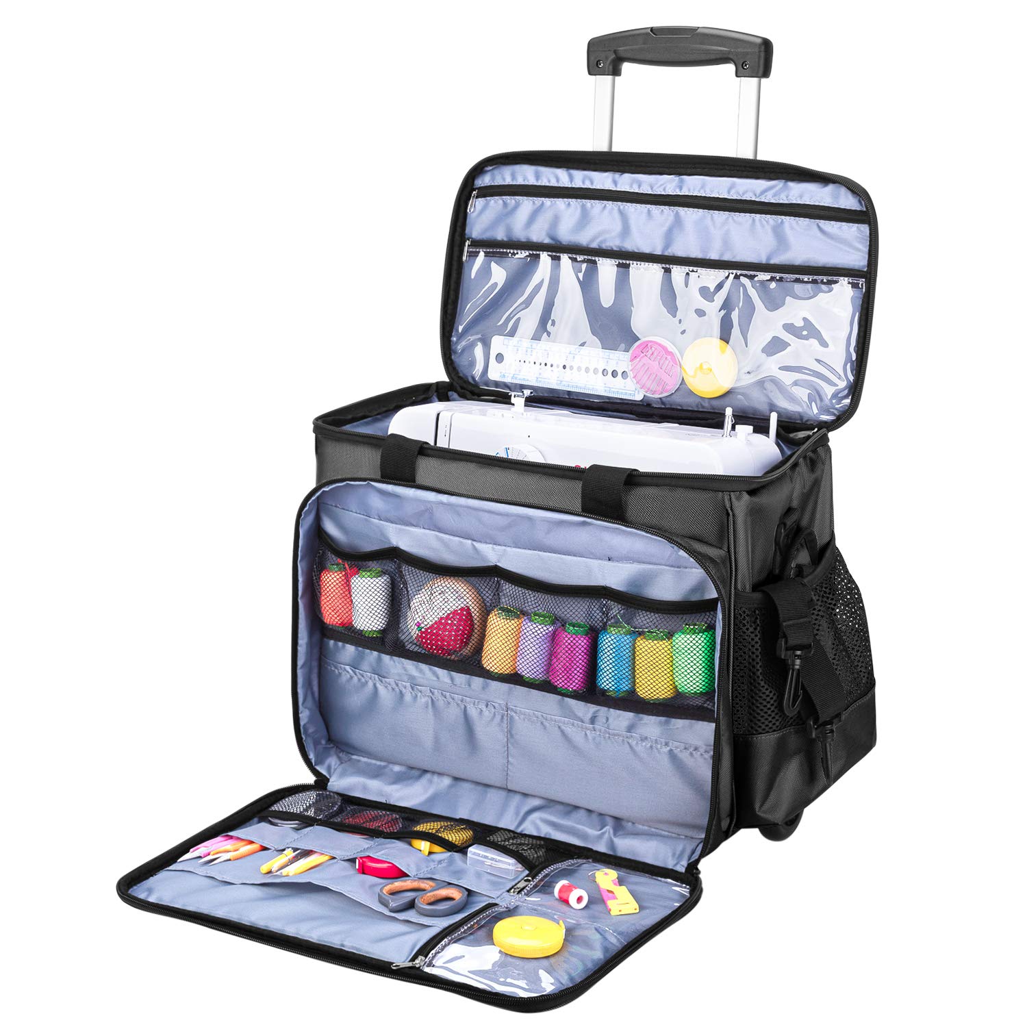 Luxja Rolling Sewing Machine Trolley Bag with Removable Pad - Portable Sewing Machine Case with Wheels for Singer, Brother & Janome - Perfect for Quilting, Crafting & Sewing Classes - Black Storage Organizer for Needles, Threads & Accessories