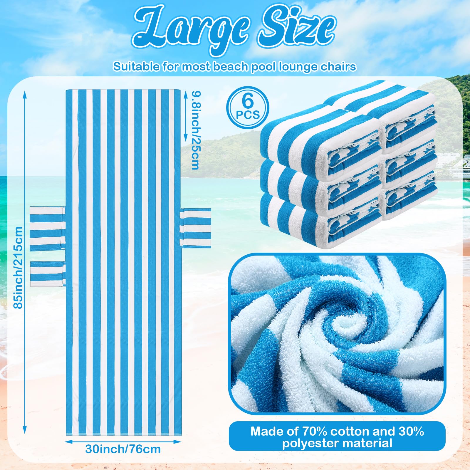 6-Piece Striped Lounge Chair Towel Covers 30x85 Inch - Large Pool Chaise Cushion Covers with Top & Side Pockets - Waterproof Outdoor Furniture Protector for Beach, Poolside, Patio (Blue) - Perfect for Summer Relaxation by the Pool or Seaside Lounging