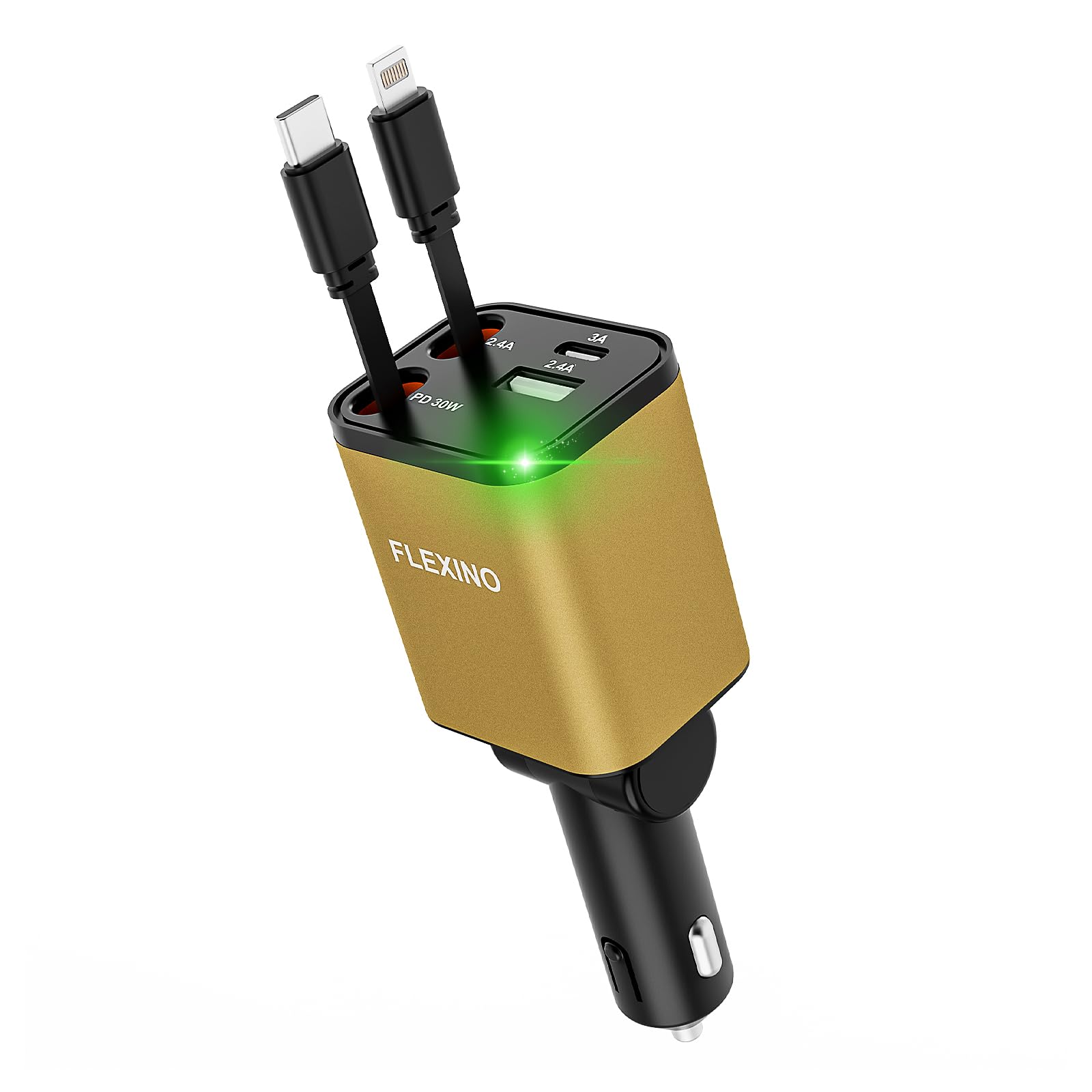 Flexino 69W 4-in-1 Retractable Car Charger with USB-C - Fast Charging for iPhone 16/15/14/13/12 & Samsung - Compact & Golden Design - Perfect for Road Trips & Daily Commutes