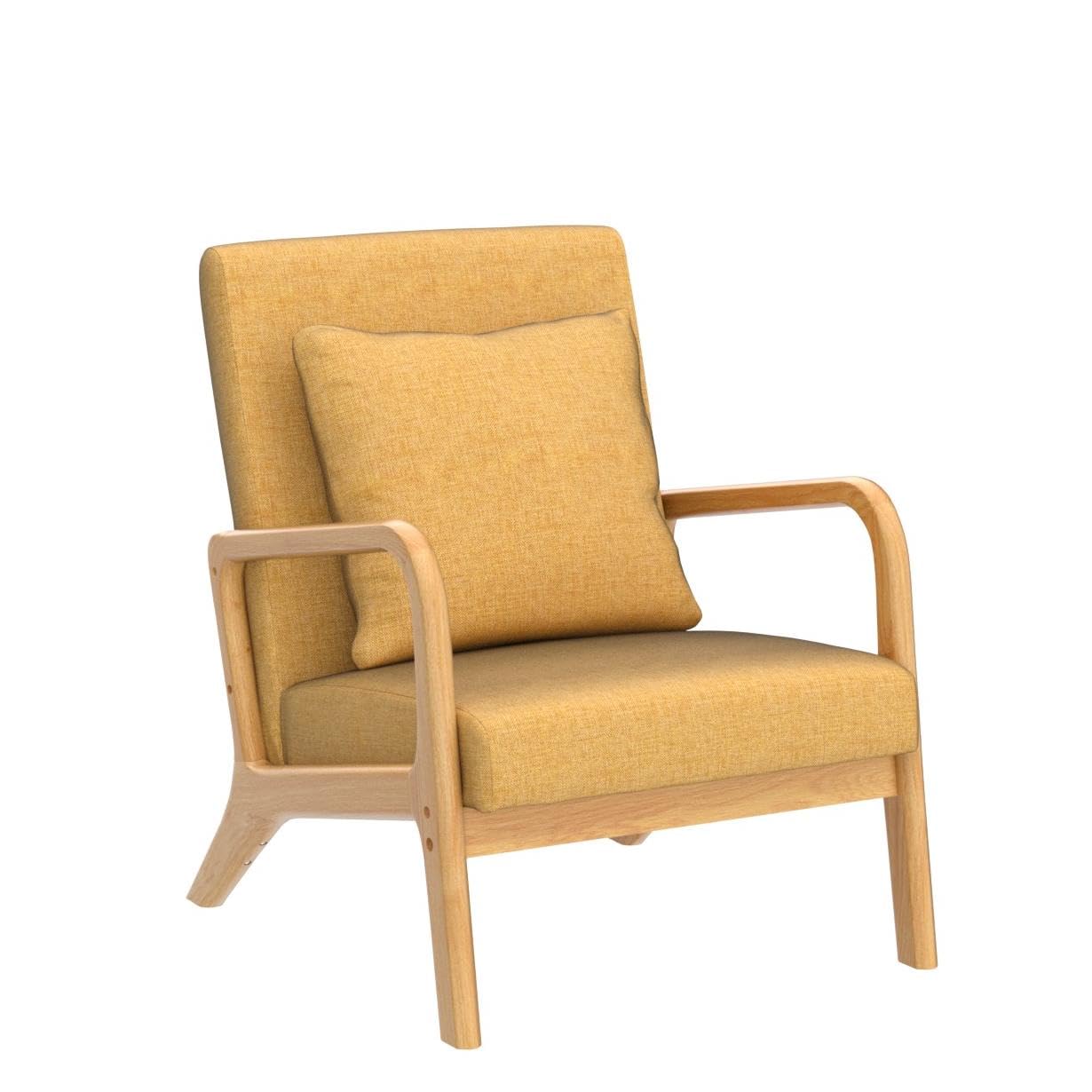 Mid-Century Modern Accent Chair - Upholstered Premium Linen Fabric Armchair with Solid Wood Frame Legs - Comfortable Living Room Lounge Chair for Bedroom, Office or Reading Nook (Yellow, 1 Piece) - Perfect for Small Spaces, Apartments and Cozy Home Decor