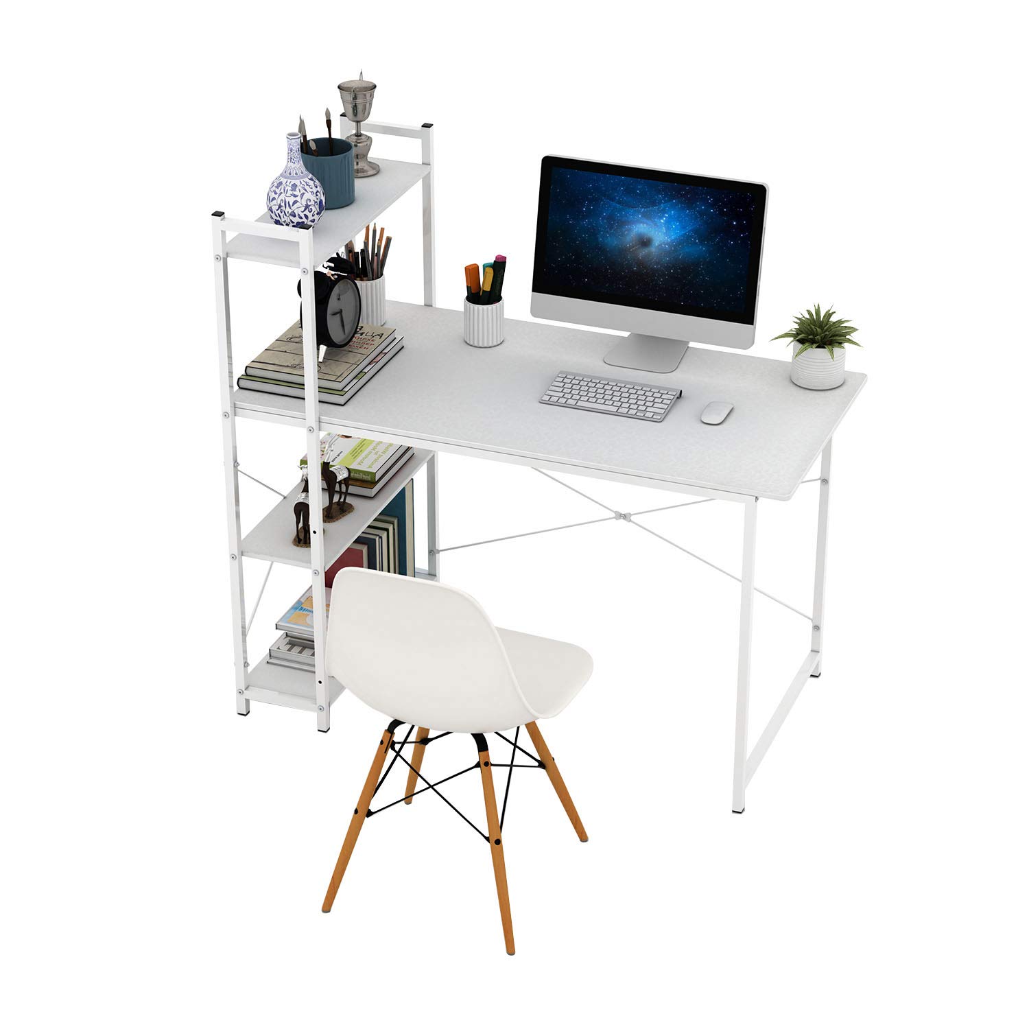 PAUKIN 47 Inch White Computer Desk with Shelves - Sturdy Study Writing Table for Home Office, Small Spaces & Dorm Rooms | Perfect for Work, Gaming & Online Learning