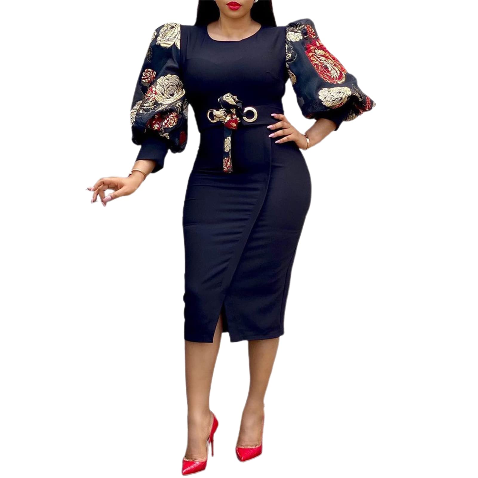 Floral Print High Waist Sexy 3/4 Lantern Sleeve Split Dress for Women - Elegant Banquet & Party Wear, Perfect for Weddings, Cocktail Events & Evening Occasions