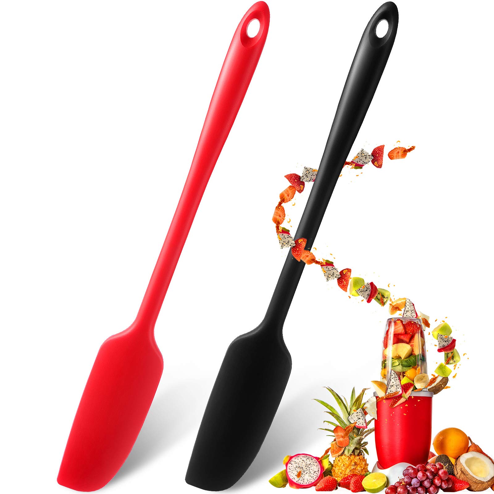 2-Pack Patelai Silicone Jar Spatulas - Long Handle Non-Stick Rubber Scrapers, Heat Resistant Cooking & Baking Tools for Smoothies, Blenders, Mixing & Stirring (Red & Black) - Perfect for Kitchen, Baking & Food Prep
