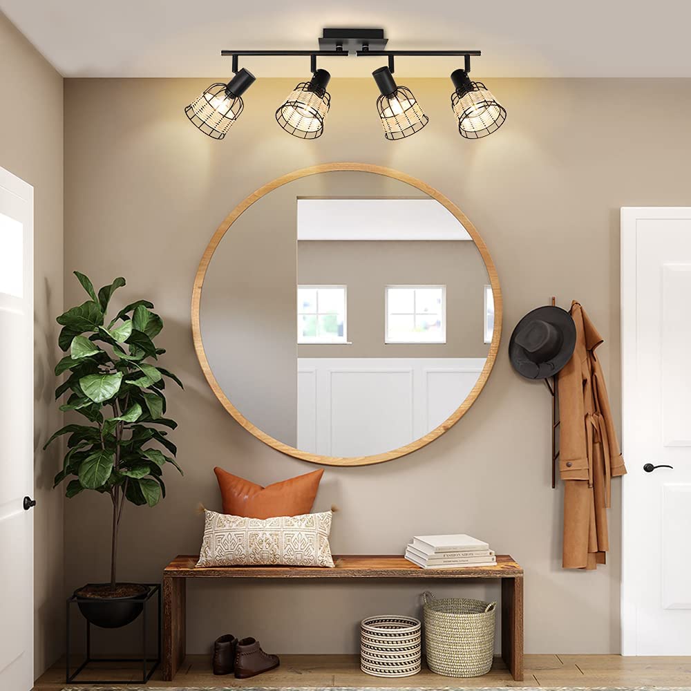 Depuley 4-Head Modern Track Lighting Kit - Vintage Rattan & Bamboo Wall/Ceiling Spotlight with Woven Cage - Farmhouse Style Lighting for Kitchen, Dining Room, Office, Restaurant, Cafe and Bedroom