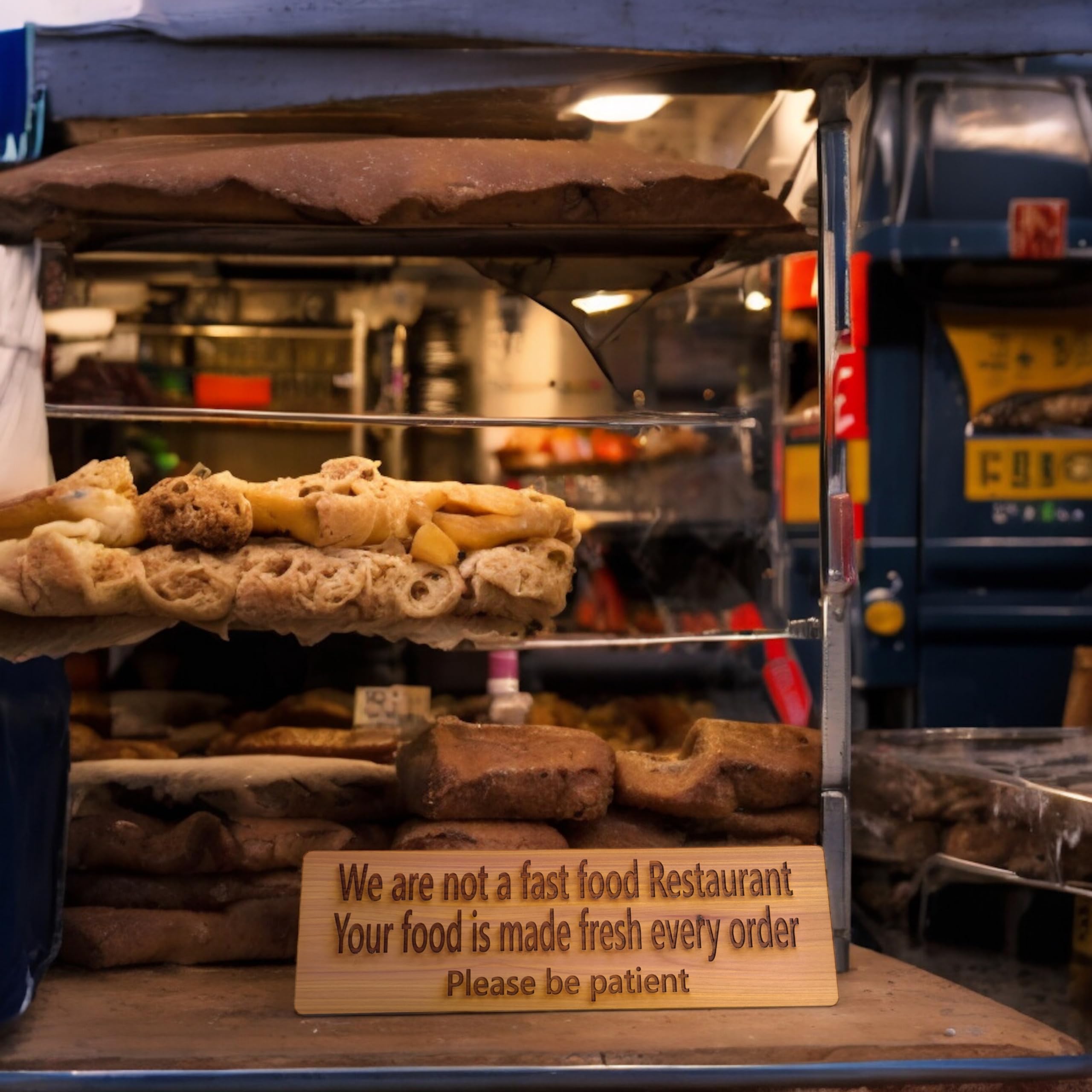 Handmade Cedar Wood Sign - 'We Are Not a Fast Food Restaurant - Fresh Food Made to Order - Please Be Patient' - Rustic Restaurant Decor for Cafes, Diners & Kitchen Wall Art