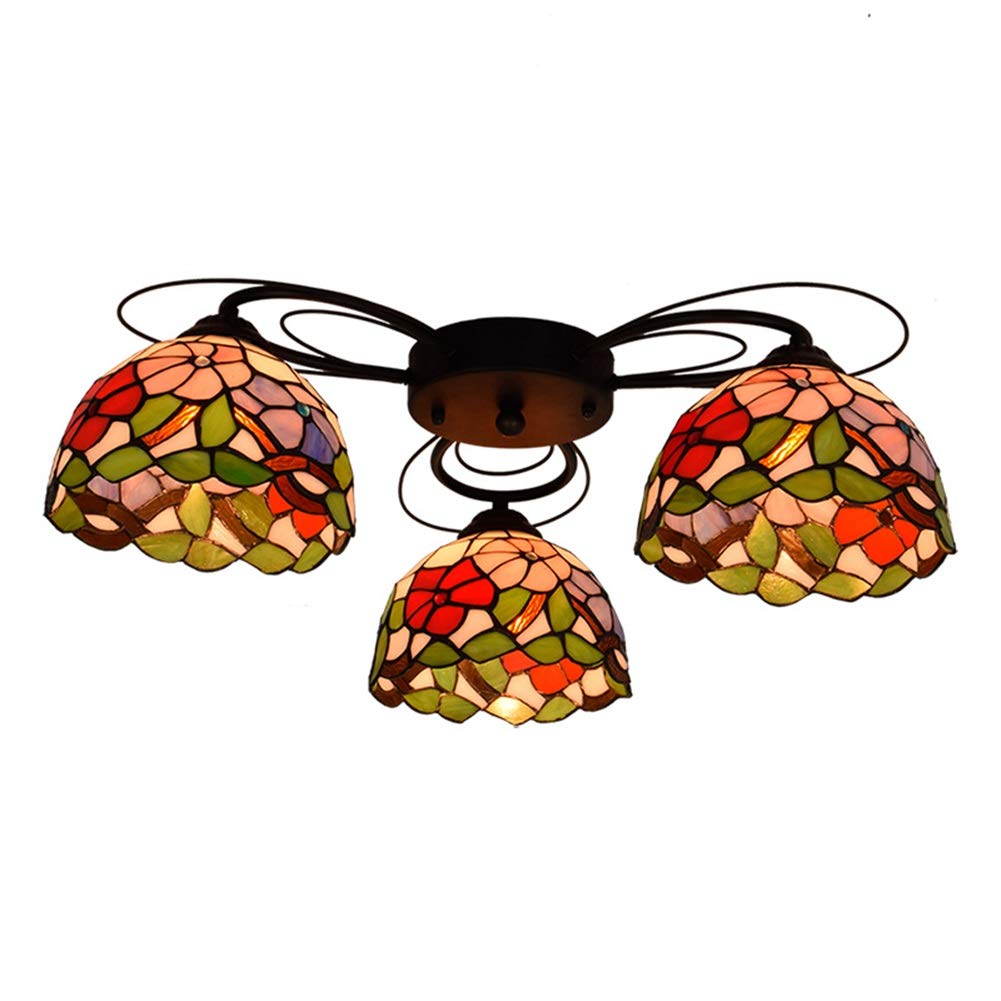 Tiffany Style 3-Head Stained Glass Ceiling Lamp with Morning Glory Pattern - Perfect for Dining Room, Living Room & Bedroom Lighting