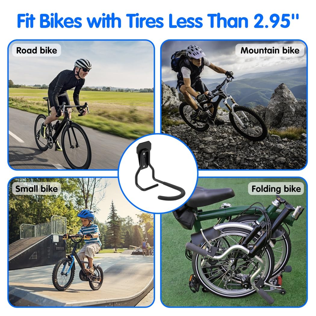 Heavy Duty Bicycle Wall Mount Hangers - 4 Pack Bike Storage Hooks with 77-99Lb Load Capacity | Vertical Bike Rack for Garage, Shed & Corner | Includes Installation Hardware | Perfect for Space-Saving Bike Organization in Small Homes & Apartments