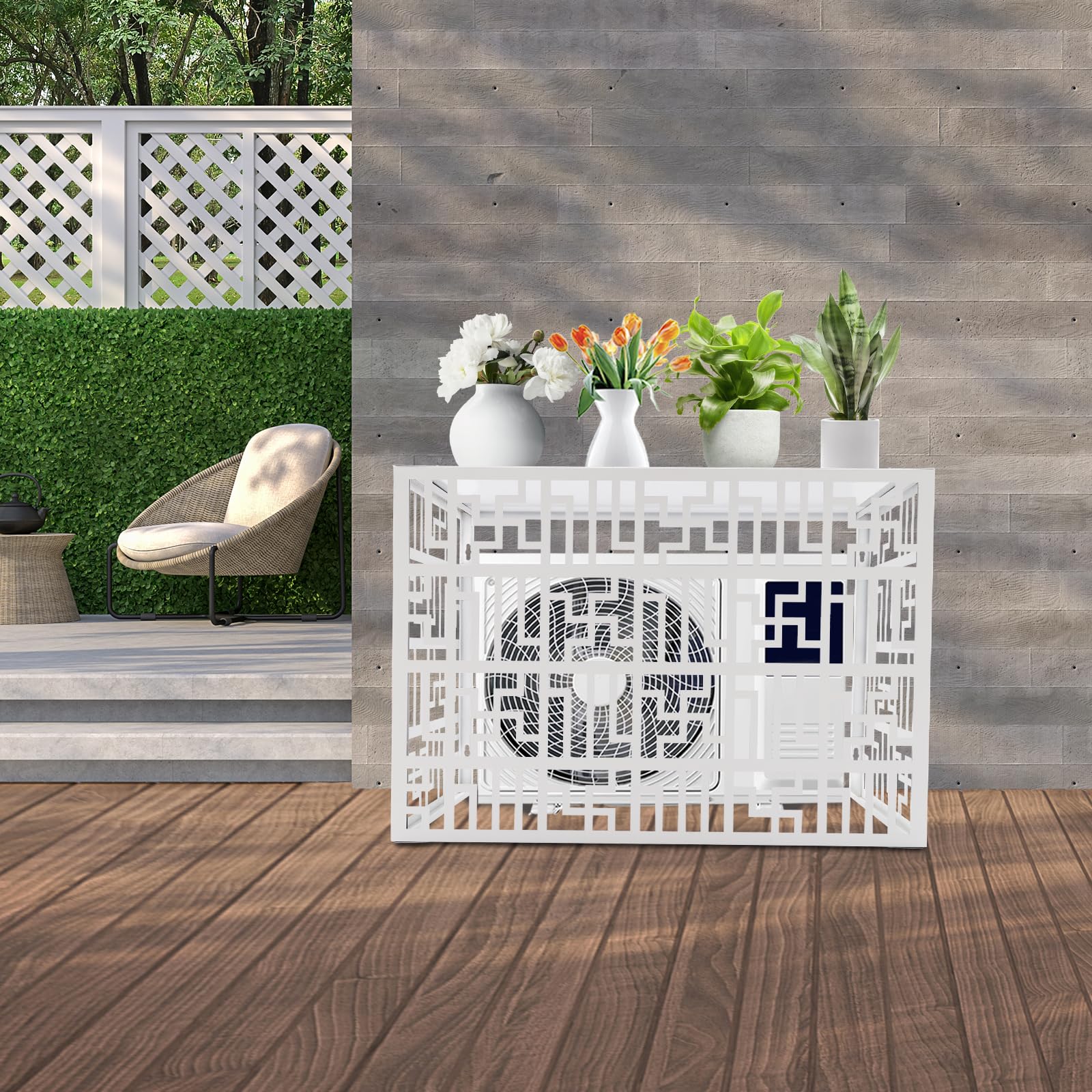 Free Standing Metal Air Conditioner Privacy Fence Screen for Outdoor AC Units - White (39.4