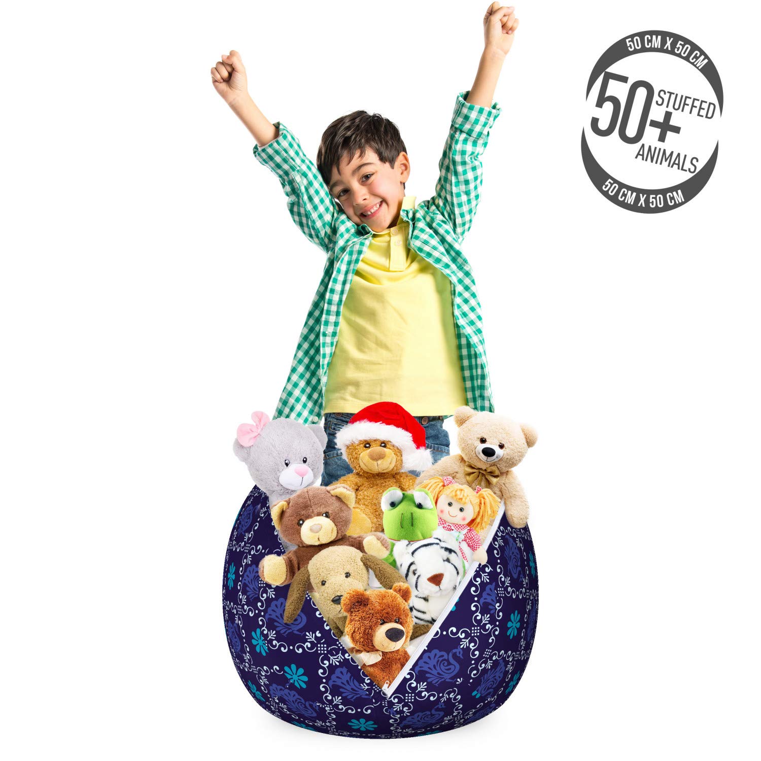Ambesonne Peacock Storage Toy Bag Chair - Oriental Animal Pattern with Ornate Feathers, Washable Stuffed Animal Organizer, Small Size, Indigo Sea Blue - Perfect for Kids' Room, Nursery, and Playroom Organization