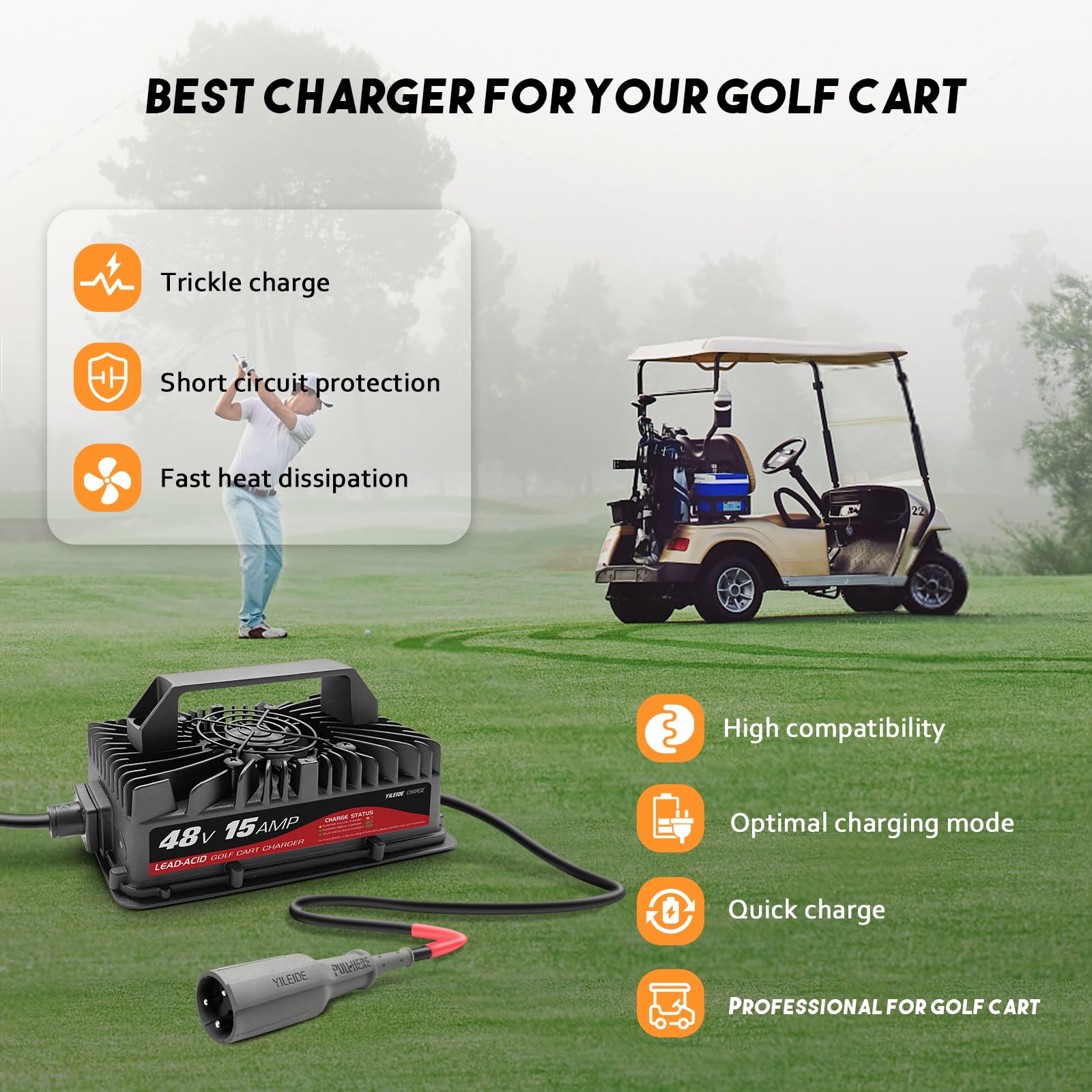 48V Golf Cart Battery Charger for Club Car - 15 AMP Fast Charging with 3-Pin Round Plug | Perfect for Golf Carts, Utility Vehicles & Electric Scooters