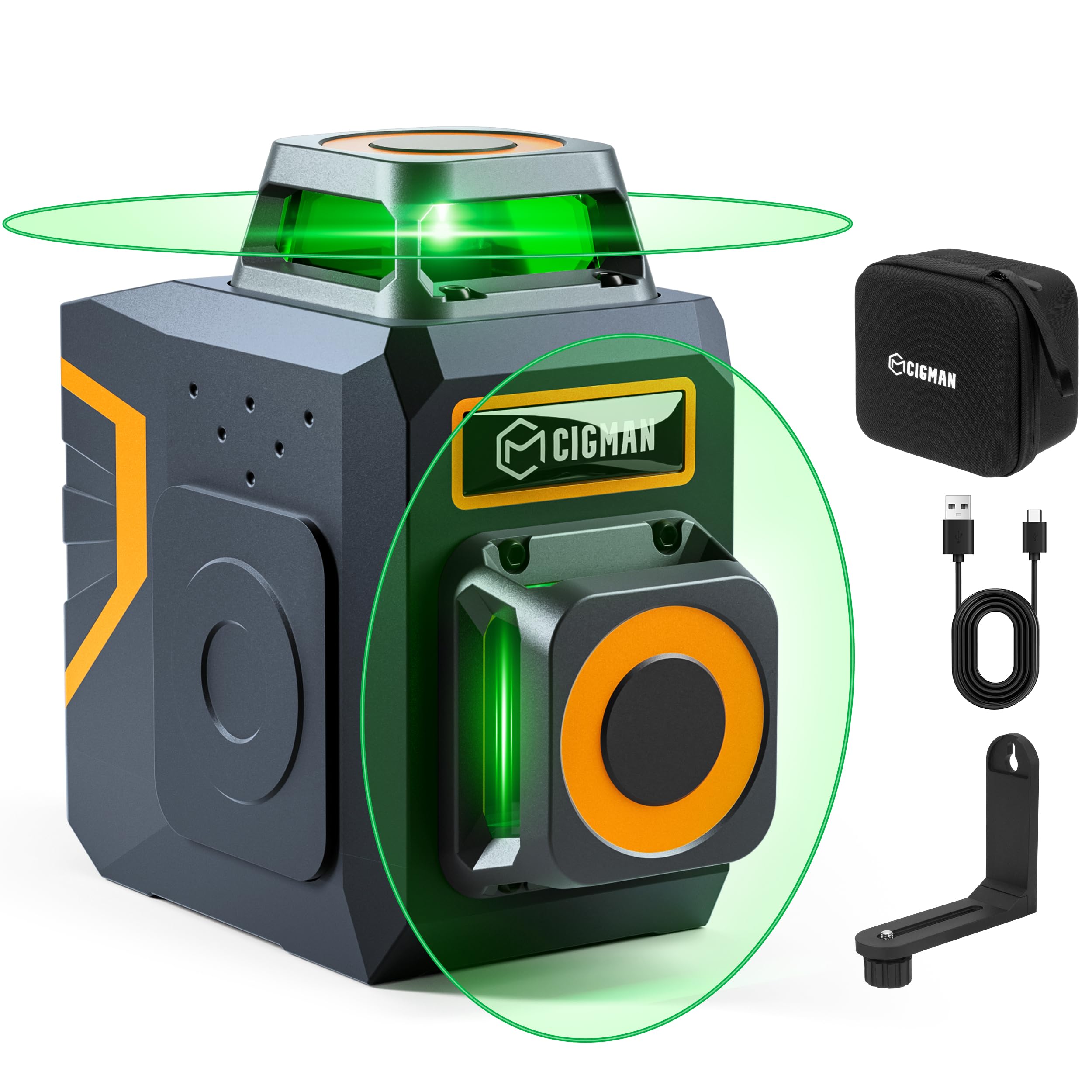 CIGMAN CM-720SE Self-Leveling Green Laser Level - 2 x 360° Cross Line Laser for Construction, Picture Hanging & Home Decoration | Rechargeable Battery & Magnetic L-Bracket Included | Perfect for Wall Mounting, Tile Installation & DIY Projects