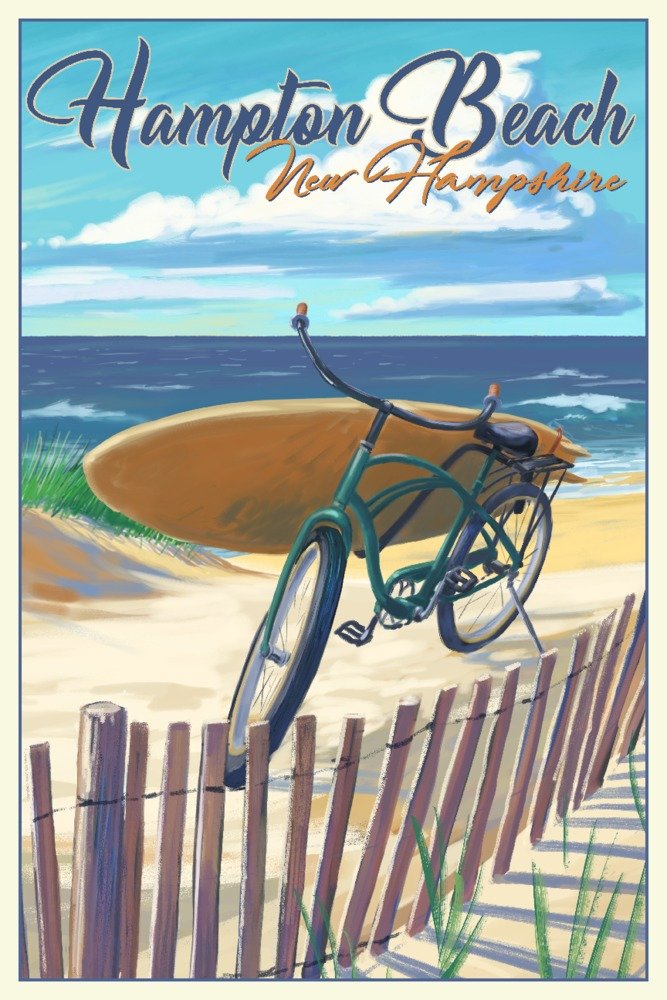 Hampton Beach New Hampshire Metal Wall Art - 24x36 Gallery Quality Beach Cruiser & Surfboard Aluminum Decor for Coastal, Nautical, or Surfing Theme Home & Office