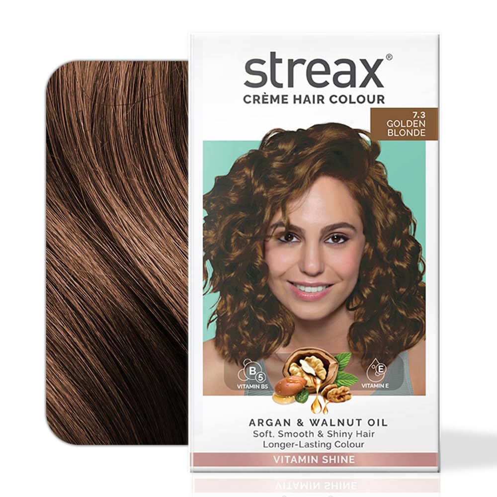 Streax Permanent Hair Color Cream - 7.3 Golden Blonde for Women | 100% Gray Coverage with Argan & Walnut Oil | Long-Lasting 120ml | Salon-Quality At-Home Hair Dye for Natural-Looking Blonde Highlights & Full Color Transformation