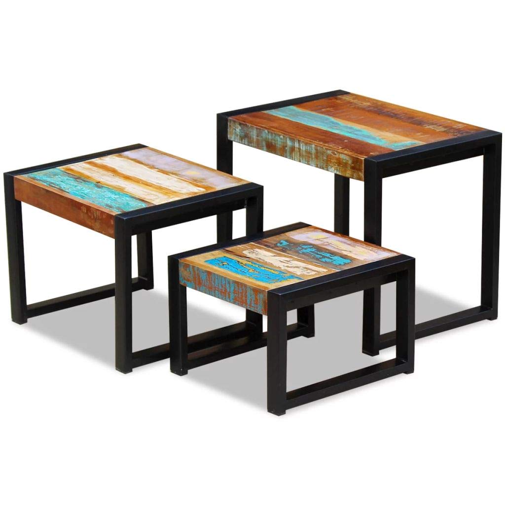 FAMIROSA 3-Piece Reclaimed Wood Nesting End Tables Set - Stackable Nightstands with Steel Frame Legs for Living Room, Bedroom & Office Corner Decor