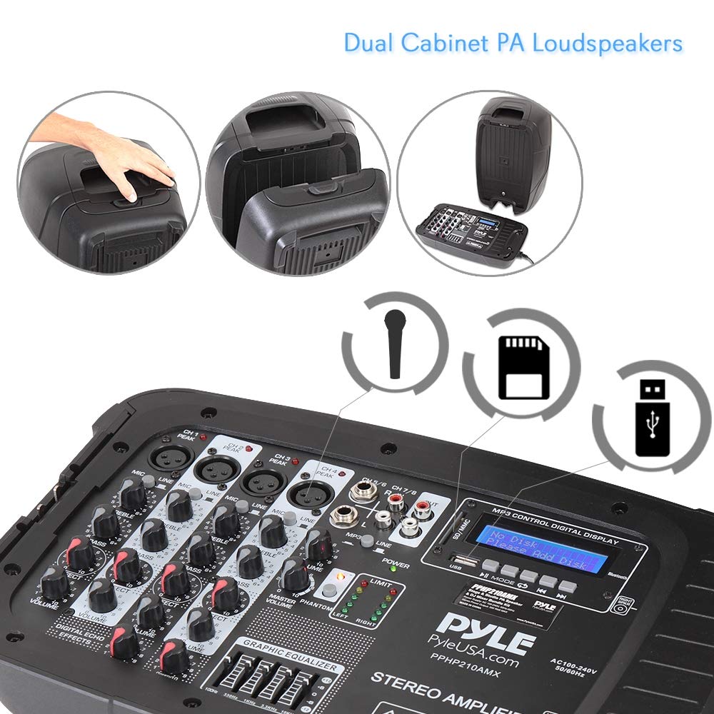 Pyle PA Speaker DJ Mixer Bundle - Portable Wireless Bluetooth Sound System with USB, SD, XLR & 1/4