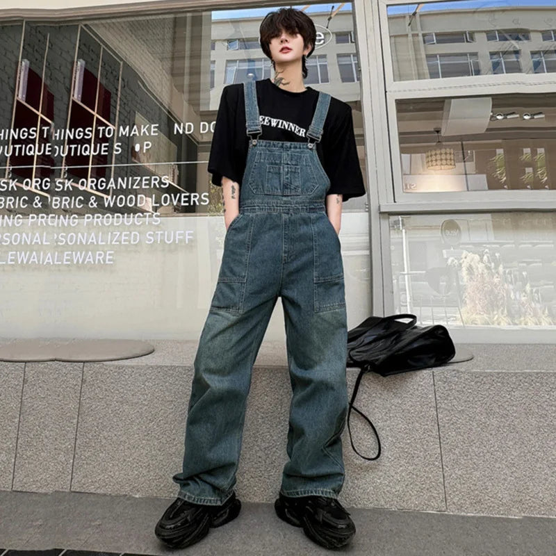 Men's Denim Overalls - American Style Washed Patchwork Straight Wide Leg Jeans for Men | Trendy Spring Outfit | Perfect for Casual Wear, Work & Outdoor Activities
