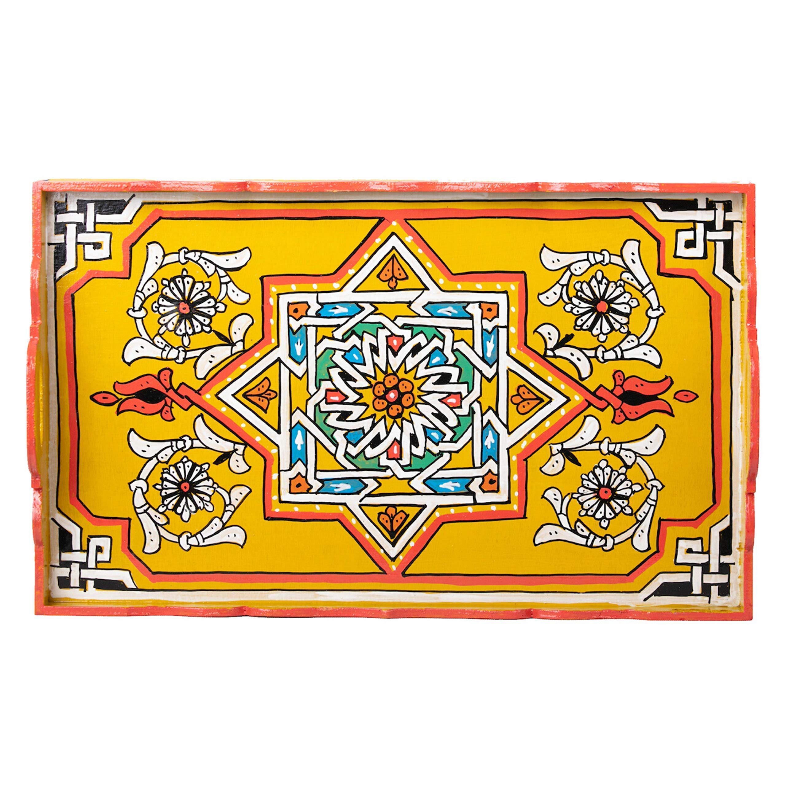 Hand Painted Moroccan White Decorative Serving Tray - Waterproof Acrylic Painting Bohemian Arabesque Home Decor (Yellow) | Perfect for Coffee Table Display, Gift Giving & Boho Chic Home Styling