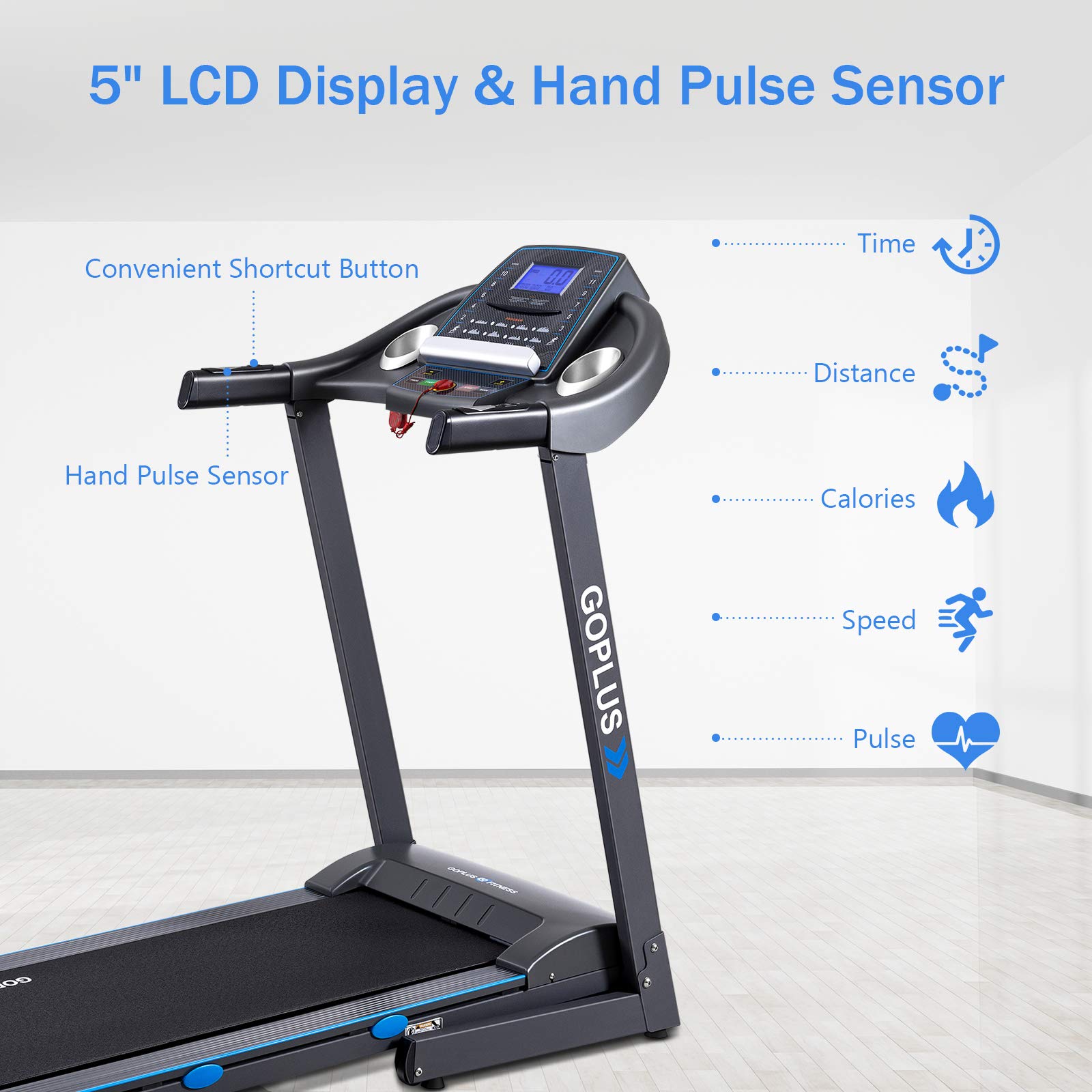 Goplus 2.25HP Folding Treadmill with Incline - Electric Running Machine for Home & Gym, Blue Backlit LCD Display, Cardio Workout Equipment for Walking, Jogging & Fitness Training | Perfect for Small Spaces & Home Exercise
